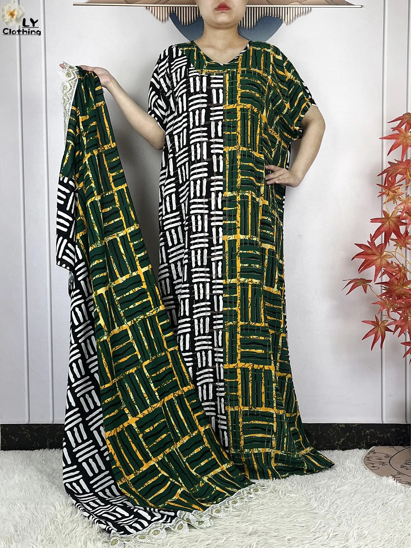 Summer Dubai Fashion Lady Clothing Soft Cotton Tie-dyed Loose Maxi Islam Women Short Sleeve African Abaya Dress With Big Scarf