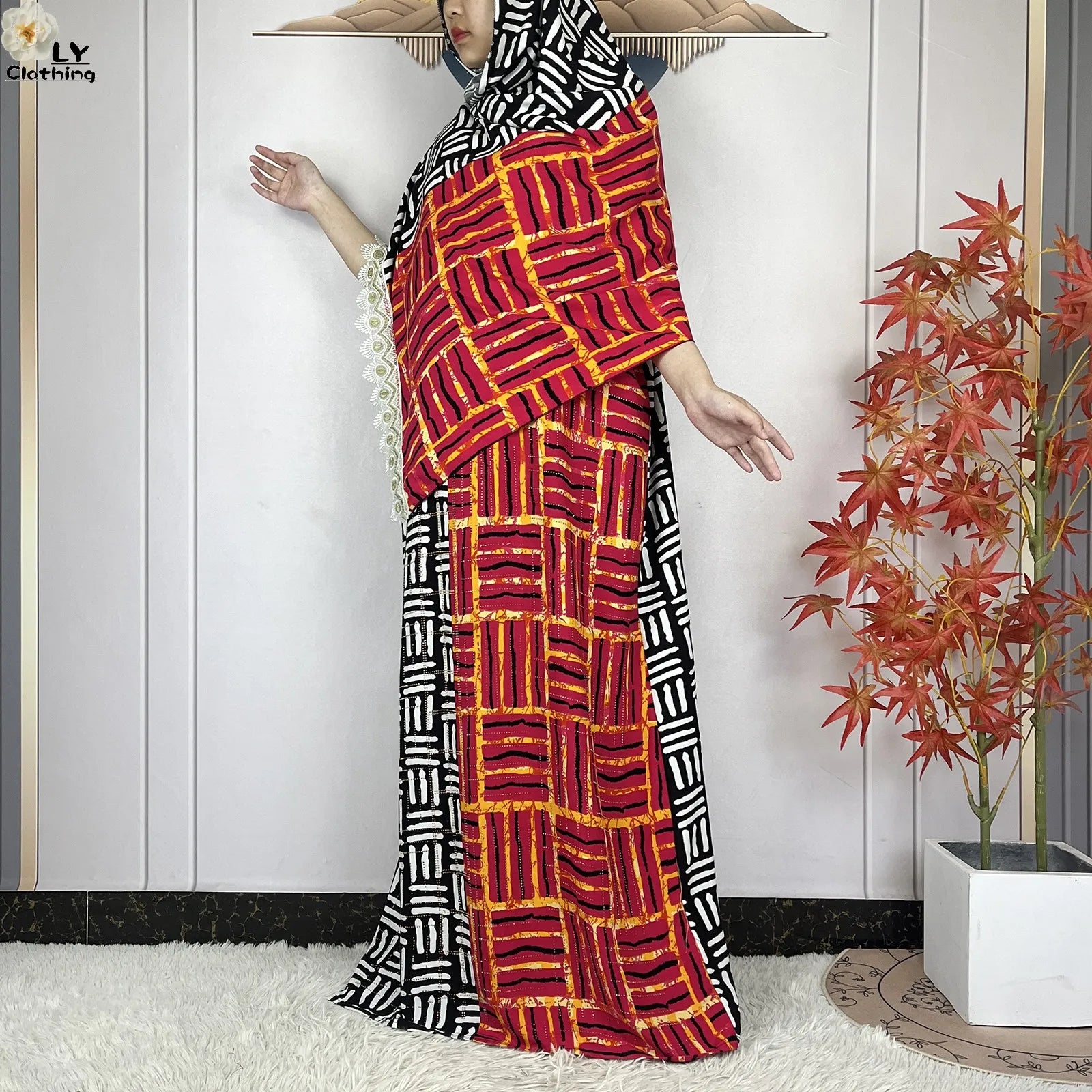 Summer Dubai Fashion Lady Clothing Soft Cotton Tie-dyed Loose Maxi Islam Women Short Sleeve African Abaya Dress With Big Scarf