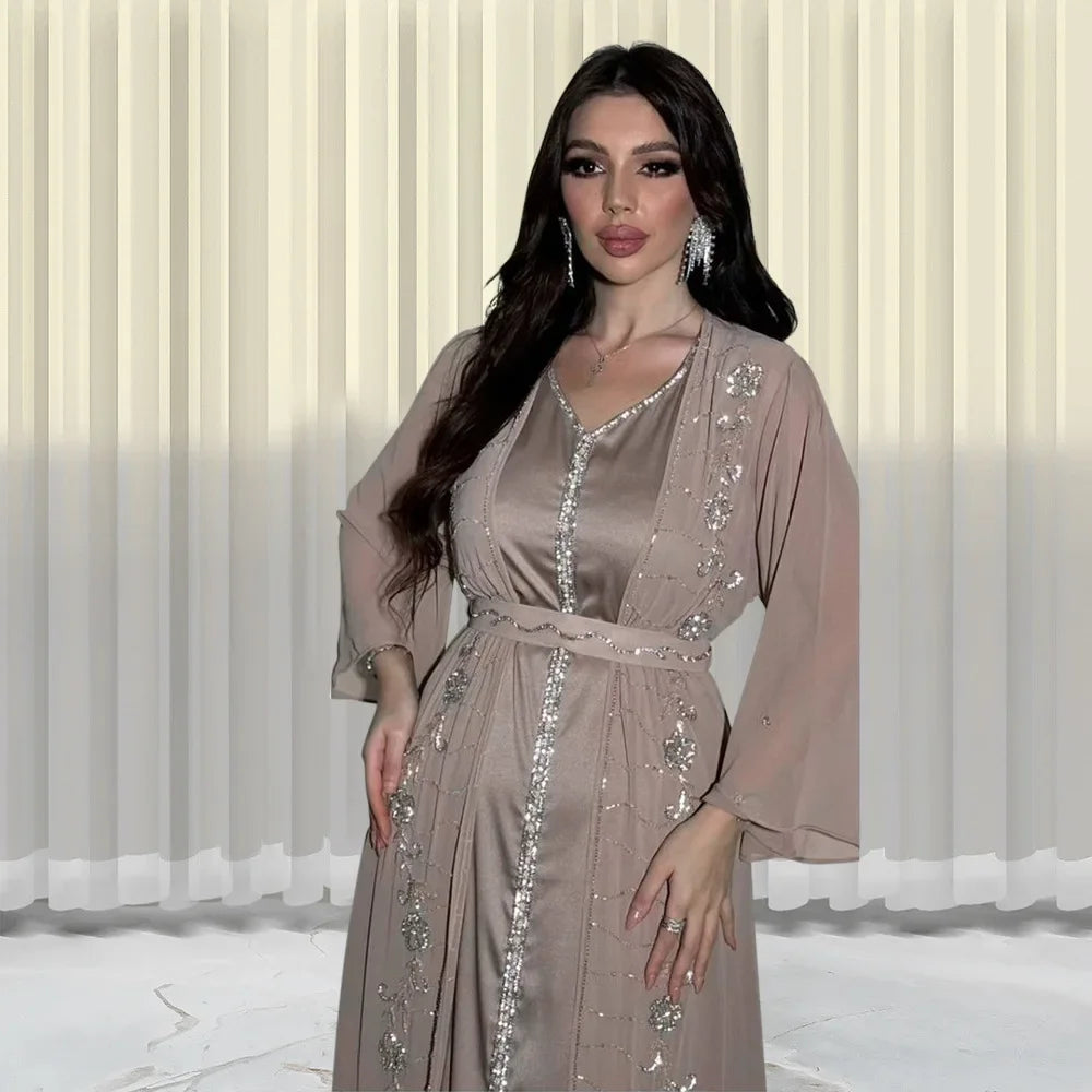 Autumn Fashion Muslim Dresses for Women Muslim Long Sleeve V-neck Party Evening Long Abay Dress Suit Inner and Abaya Outfits