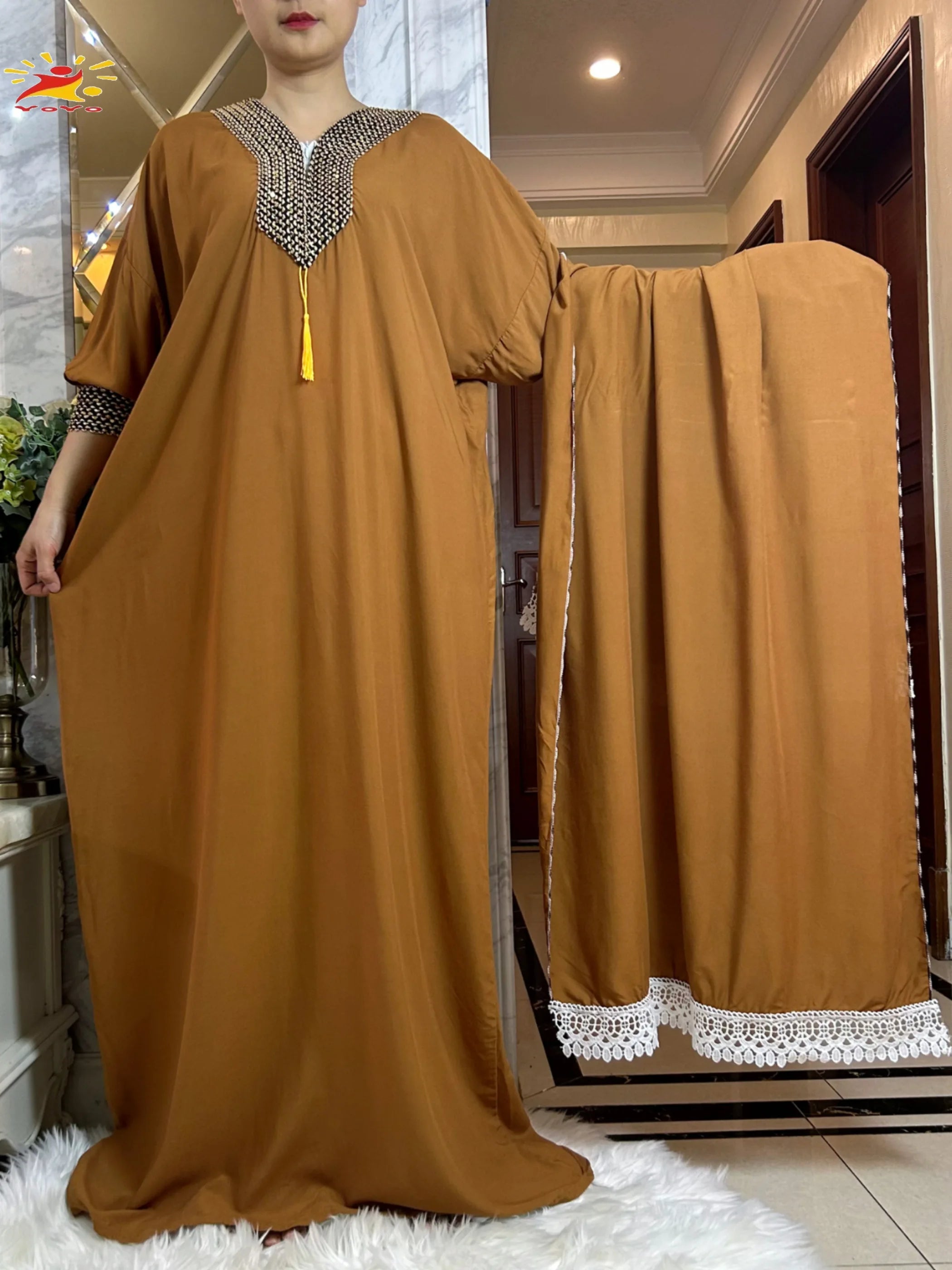 2025New Muslim Women Long Sleeve Autumn  Dress Cotton With Big Scarf Boubou Maxi Islam Women Dress African Abaya