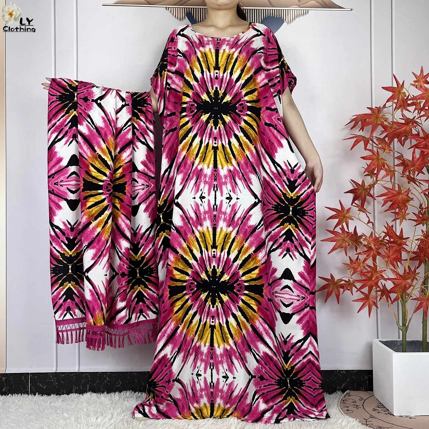 Summer Dubai Fashion Lady Clothing Soft Cotton Tie-dyed Loose Maxi Islam Women Short Sleeve African Abaya Dress With Big Scarf