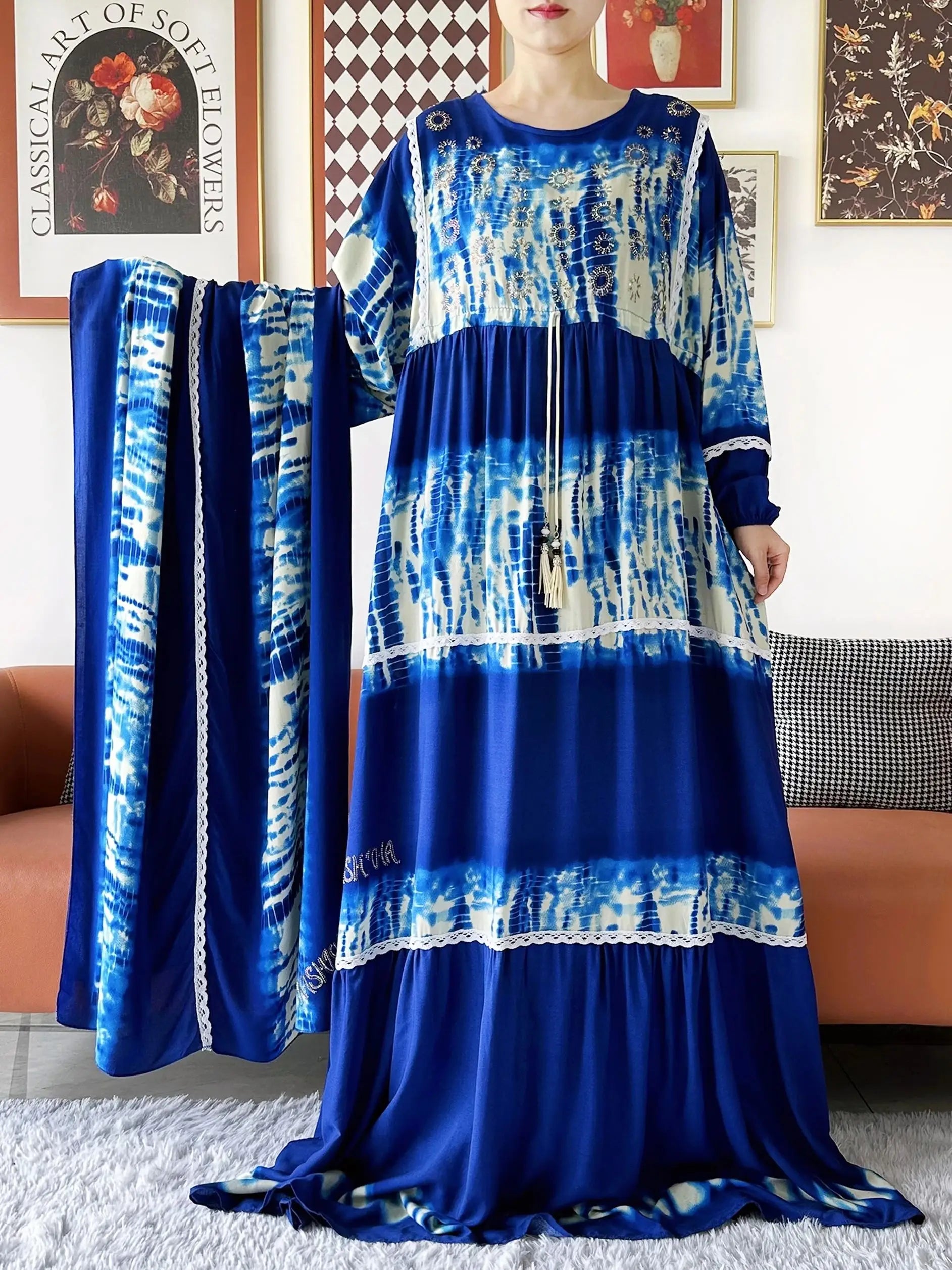 High Grade Design Dubai Women Abaya Long Sleeve Autumn  Dress Cotton With Big Scarf Boubou Maxi Islam Women Dress African Abaya