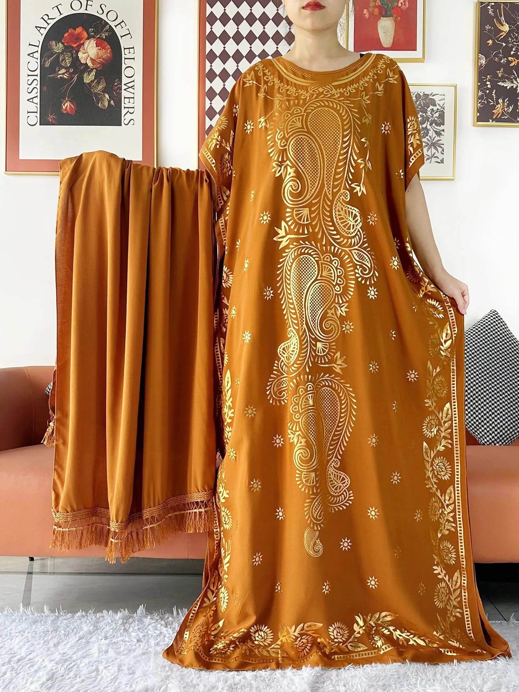 2024 Party Abaya Dress With Big Scarf Dubai Turkey Kaftan Muslim Loose  Abaya Women African Casual Maxi  Gold Stamping  Robe