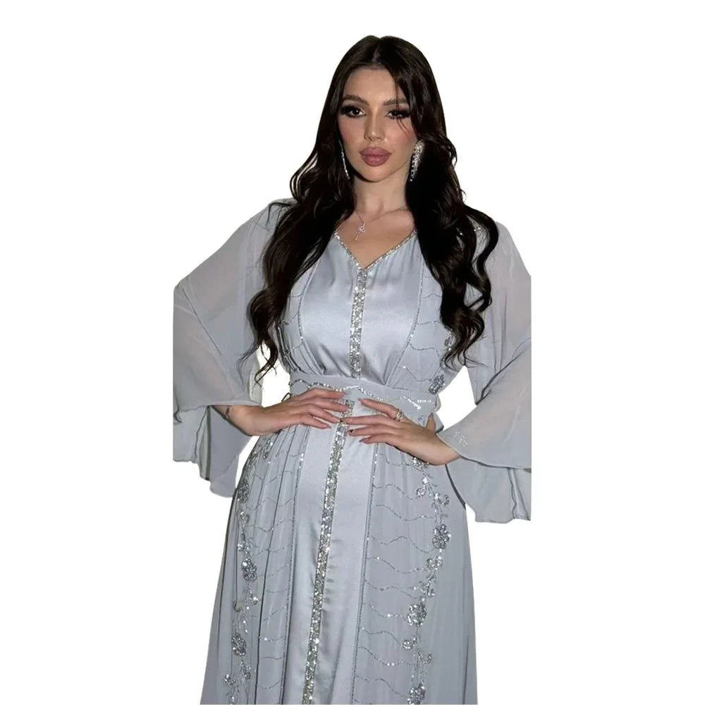 Autumn Fashion Muslim Dresses for Women Muslim Long Sleeve V-neck Party Evening Long Abay Dress Suit Inner and Abaya Outfits