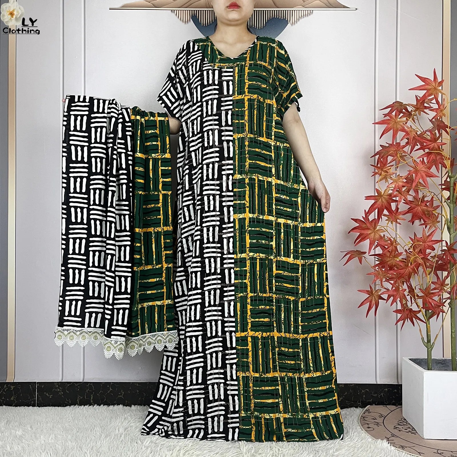 Summer Dubai Fashion Lady Clothing Soft Cotton Tie-dyed Loose Maxi Islam Women Short Sleeve African Abaya Dress With Big Scarf