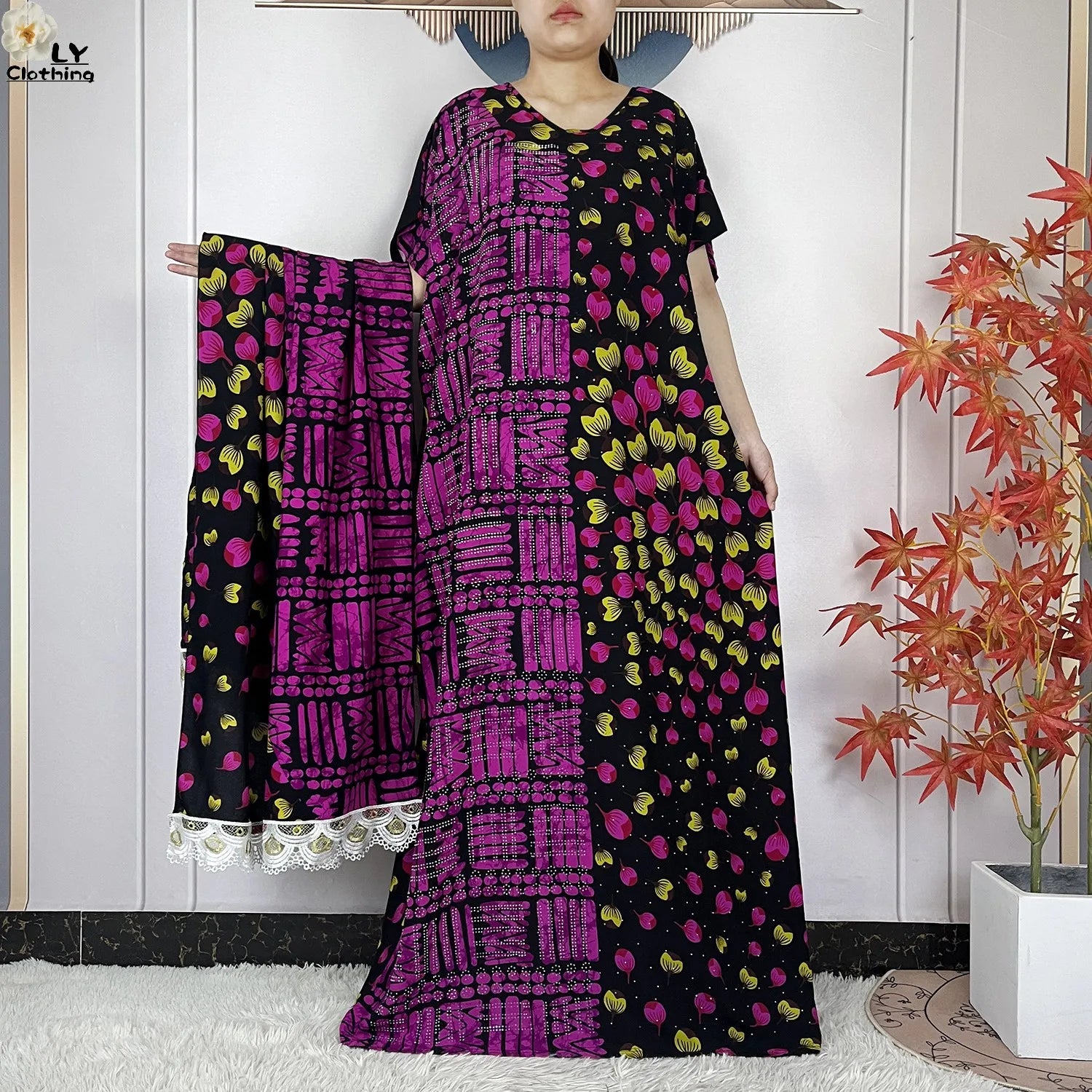 Summer Dubai Fashion Lady Clothing Soft Cotton Tie-dyed Loose Maxi Islam Women Short Sleeve African Abaya Dress With Big Scarf