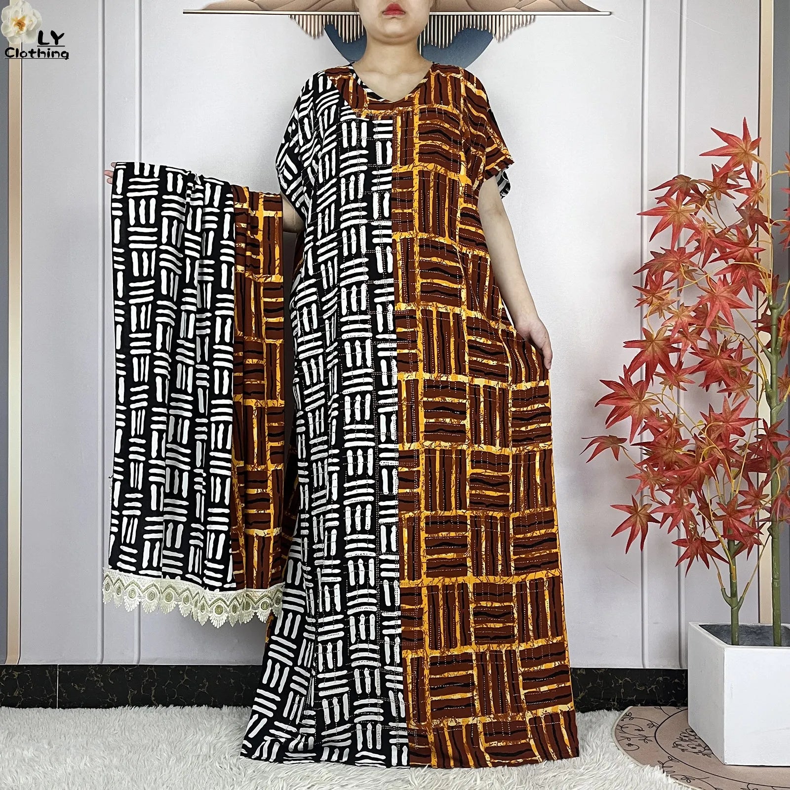 Summer Dubai Fashion Lady Clothing Soft Cotton Tie-dyed Loose Maxi Islam Women Short Sleeve African Abaya Dress With Big Scarf