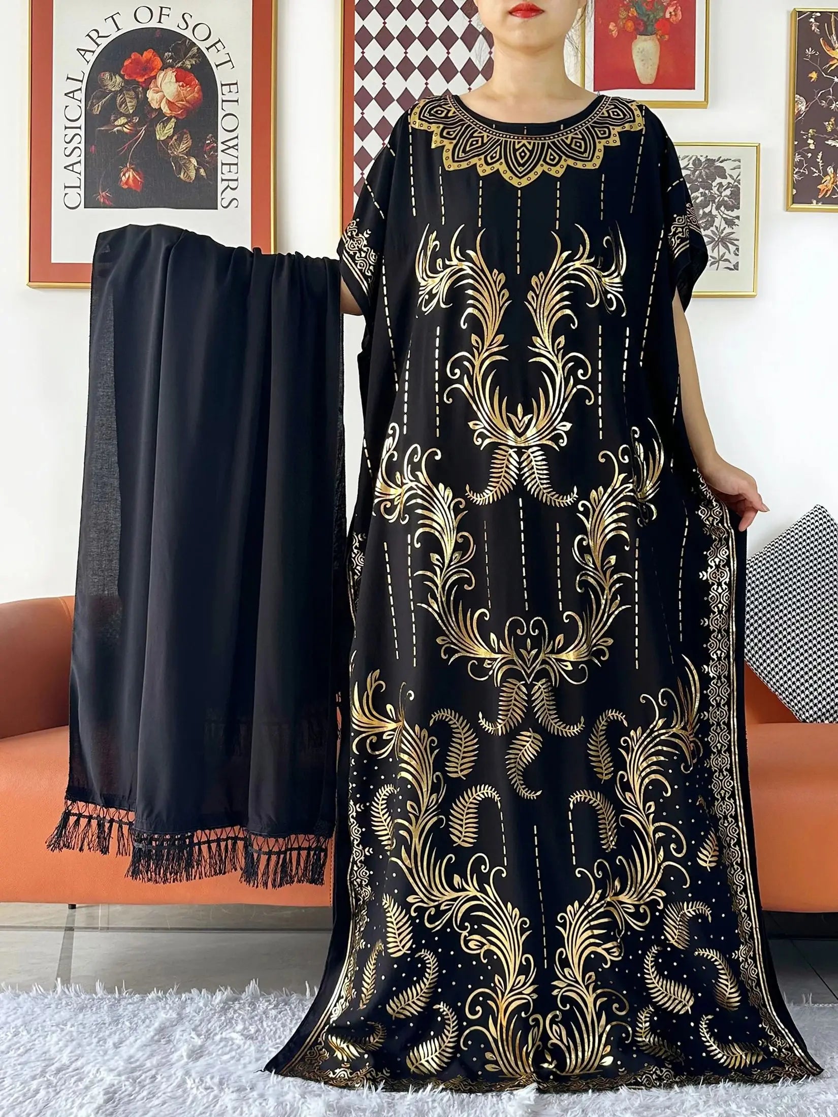 2024 Party Abaya Dress With Big Scarf Dubai Turkey Kaftan Muslim Loose  Abaya Women African Casual Maxi  Gold Stamping  Robe
