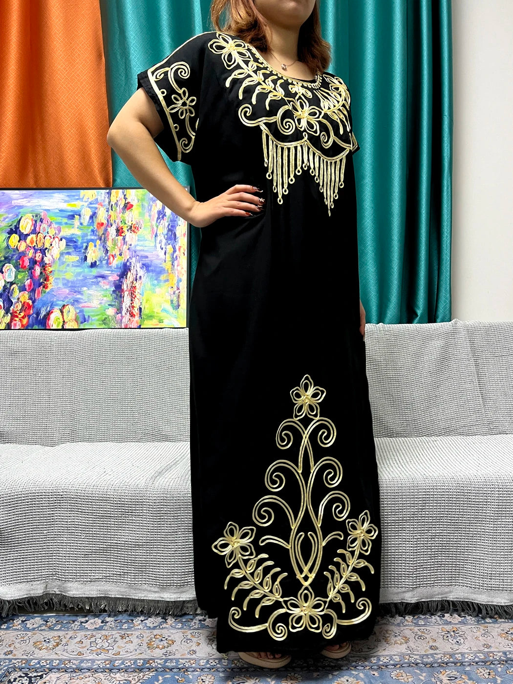 Abayas For Women Black Appliques Cotton Loose Fit Femme Robe Muslim Kaftan African Islam Nigeria Traditional Dresses With Turban