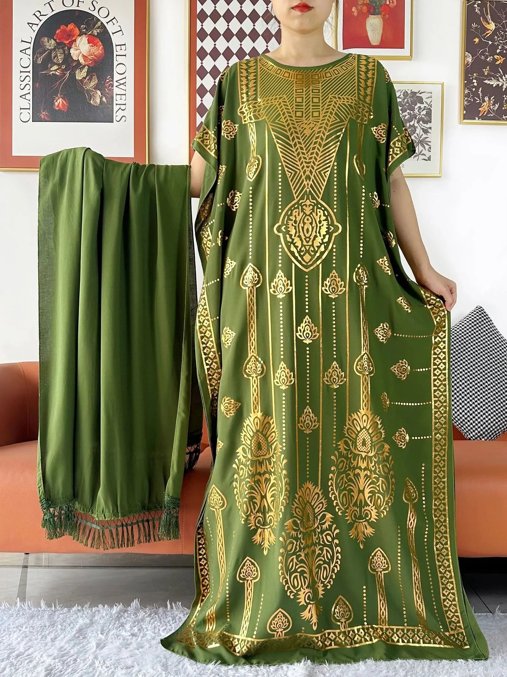 2024 Party Abaya Dress With Big Scarf Dubai Turkey Kaftan Muslim Loose  Abaya Women African Casual Maxi  Gold Stamping  Robe
