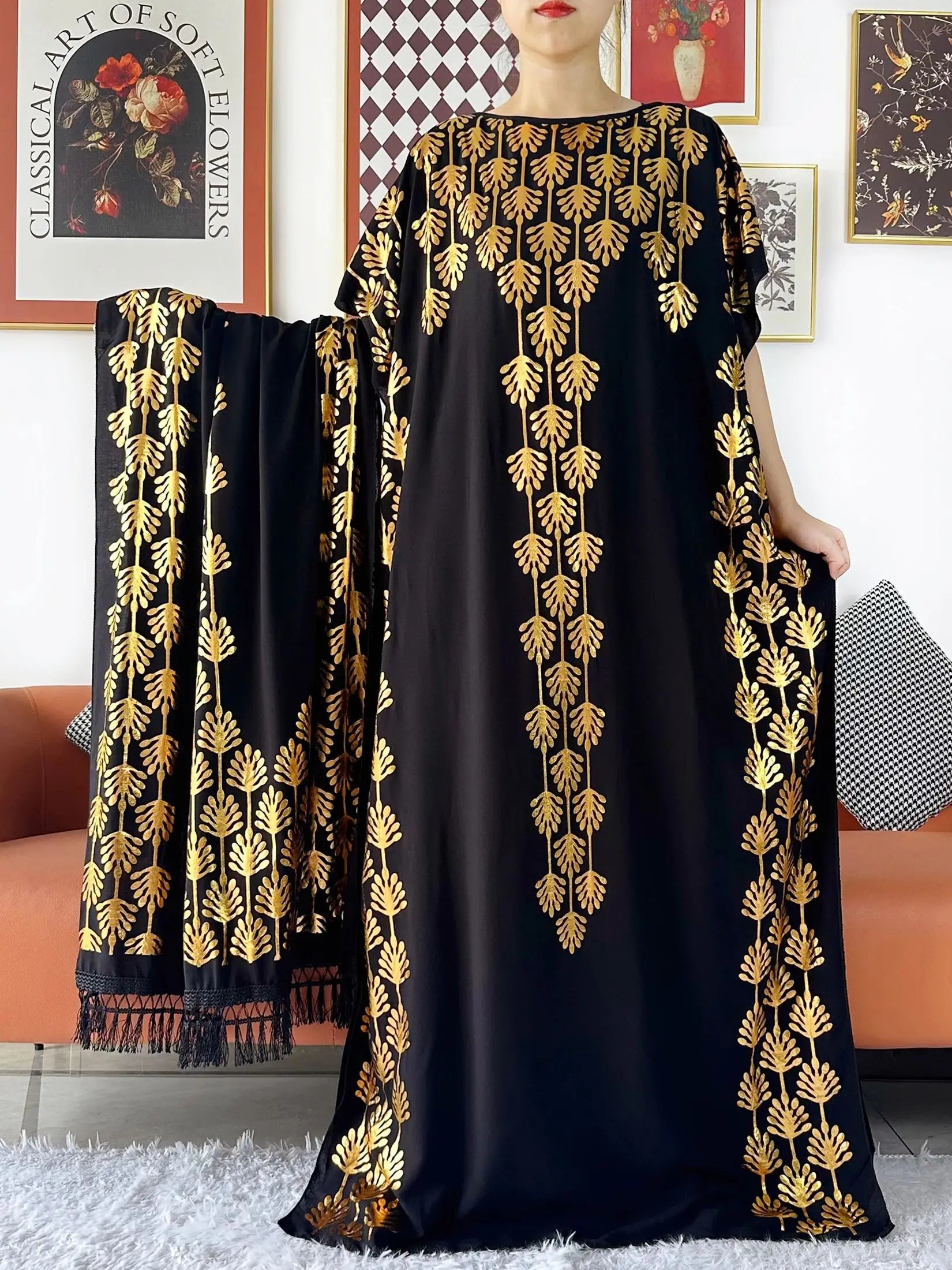 2024 Party Abaya Dress With Big Scarf Dubai Turkey Kaftan Muslim Loose  Abaya Women African Casual Maxi  Gold Stamping  Robe