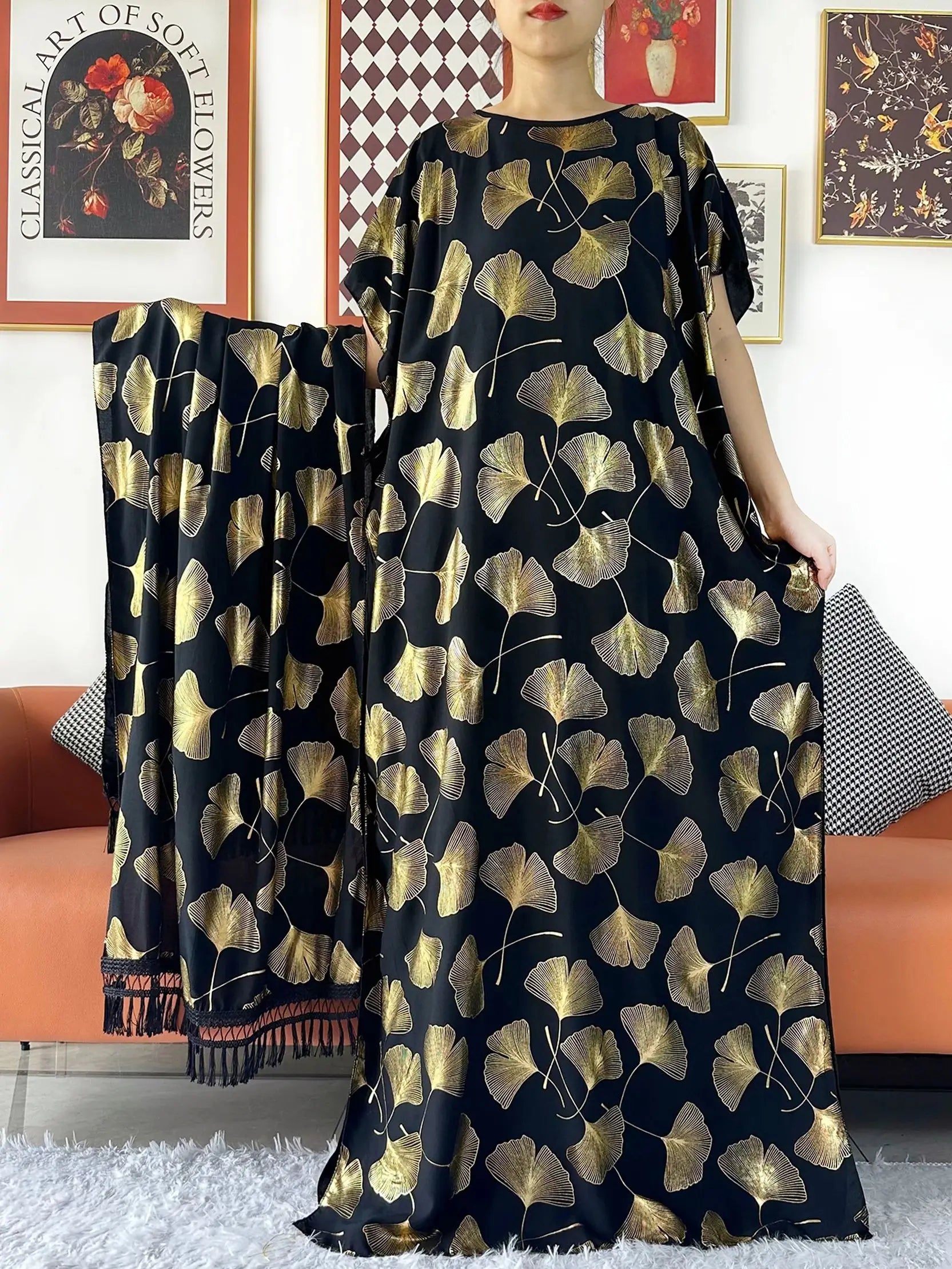 2024 Party Abaya Dress With Big Scarf Dubai Turkey Kaftan Muslim Loose  Abaya Women African Casual Maxi  Gold Stamping  Robe