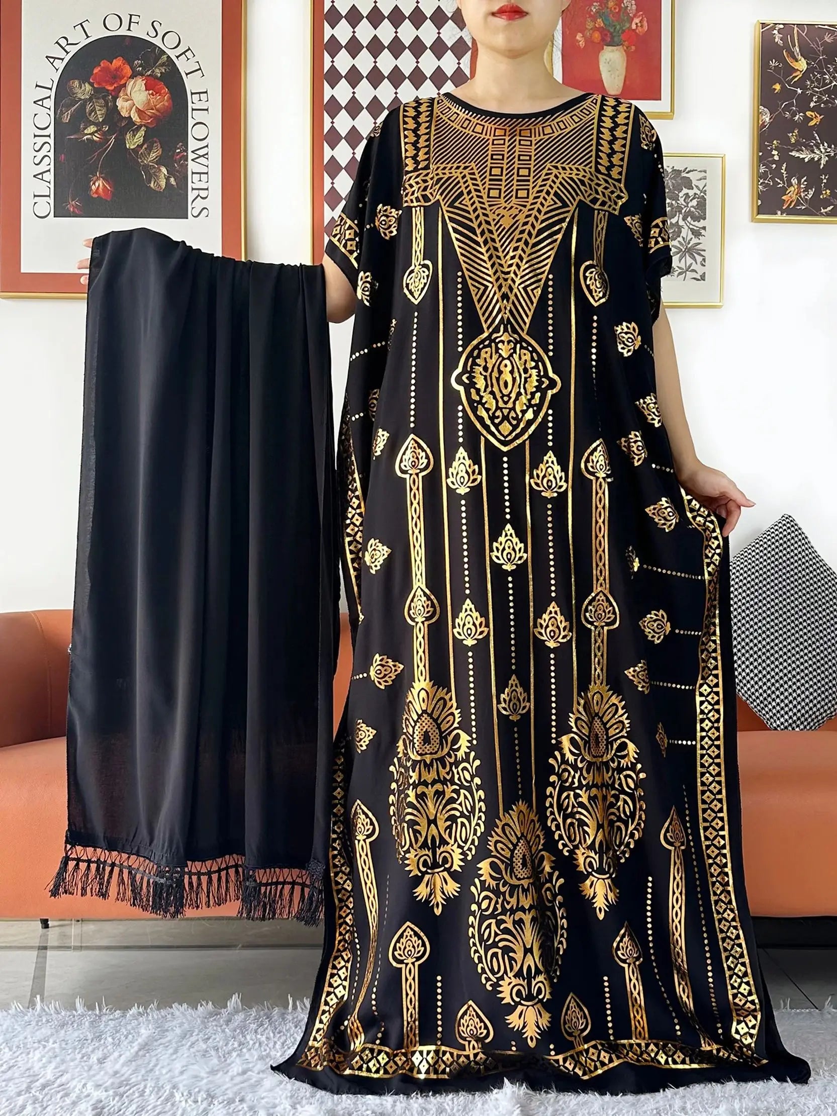 2024 Party Abaya Dress With Big Scarf Dubai Turkey Kaftan Muslim Loose  Abaya Women African Casual Maxi  Gold Stamping  Robe