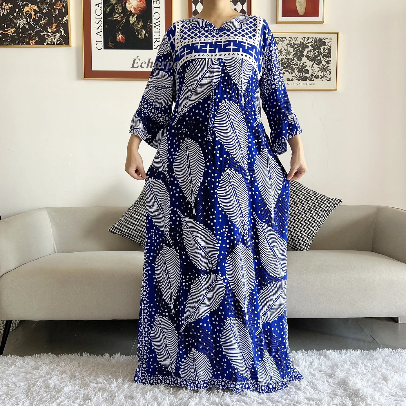 New Style African Dashiki Print Long Sleeve Loose Cotton Elegant Women  Abaya Long Dress Summer Maxi Casual Dresses Vestidos