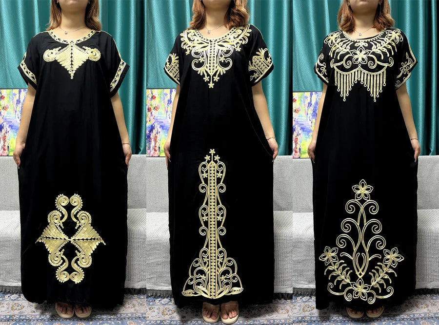 Abayas For Women Black Appliques Cotton Loose Fit Femme Robe Muslim Kaftan African Islam Nigeria Traditional Dresses With Turban