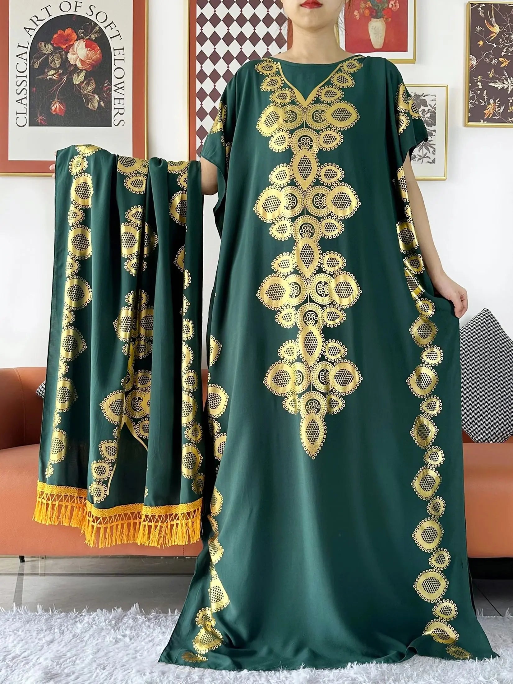 2024 Party Abaya Dress With Big Scarf Dubai Turkey Kaftan Muslim Loose  Abaya Women African Casual Maxi  Gold Stamping  Robe