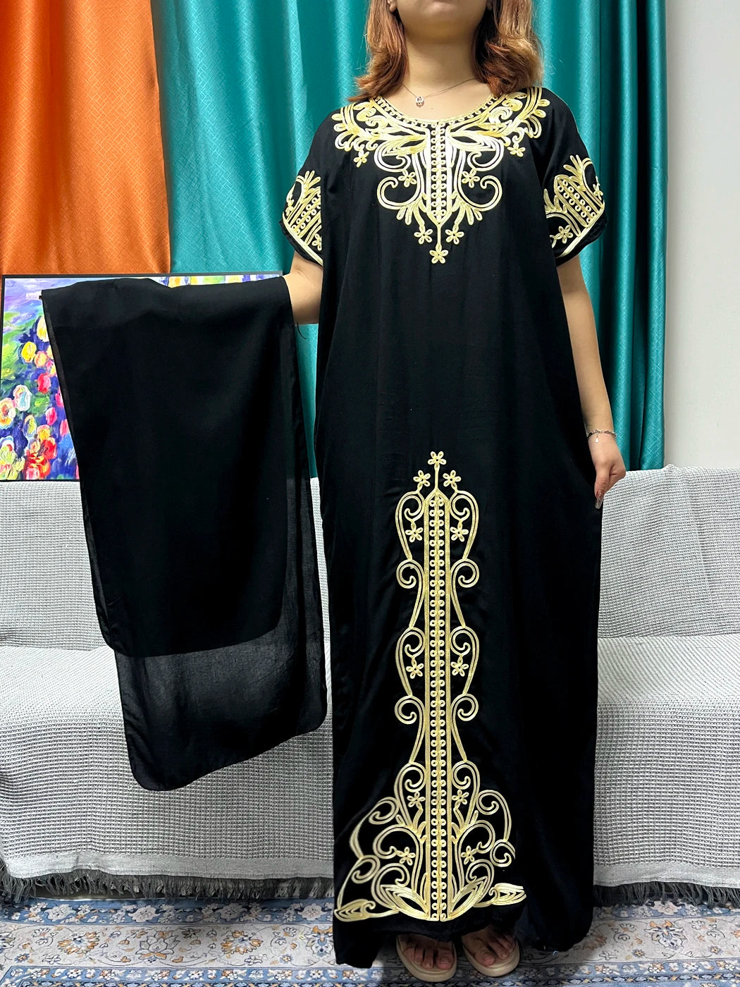 Abayas For Women Black Appliques Cotton Loose Fit Femme Robe Muslim Kaftan African Islam Nigeria Traditional Dresses With Turban