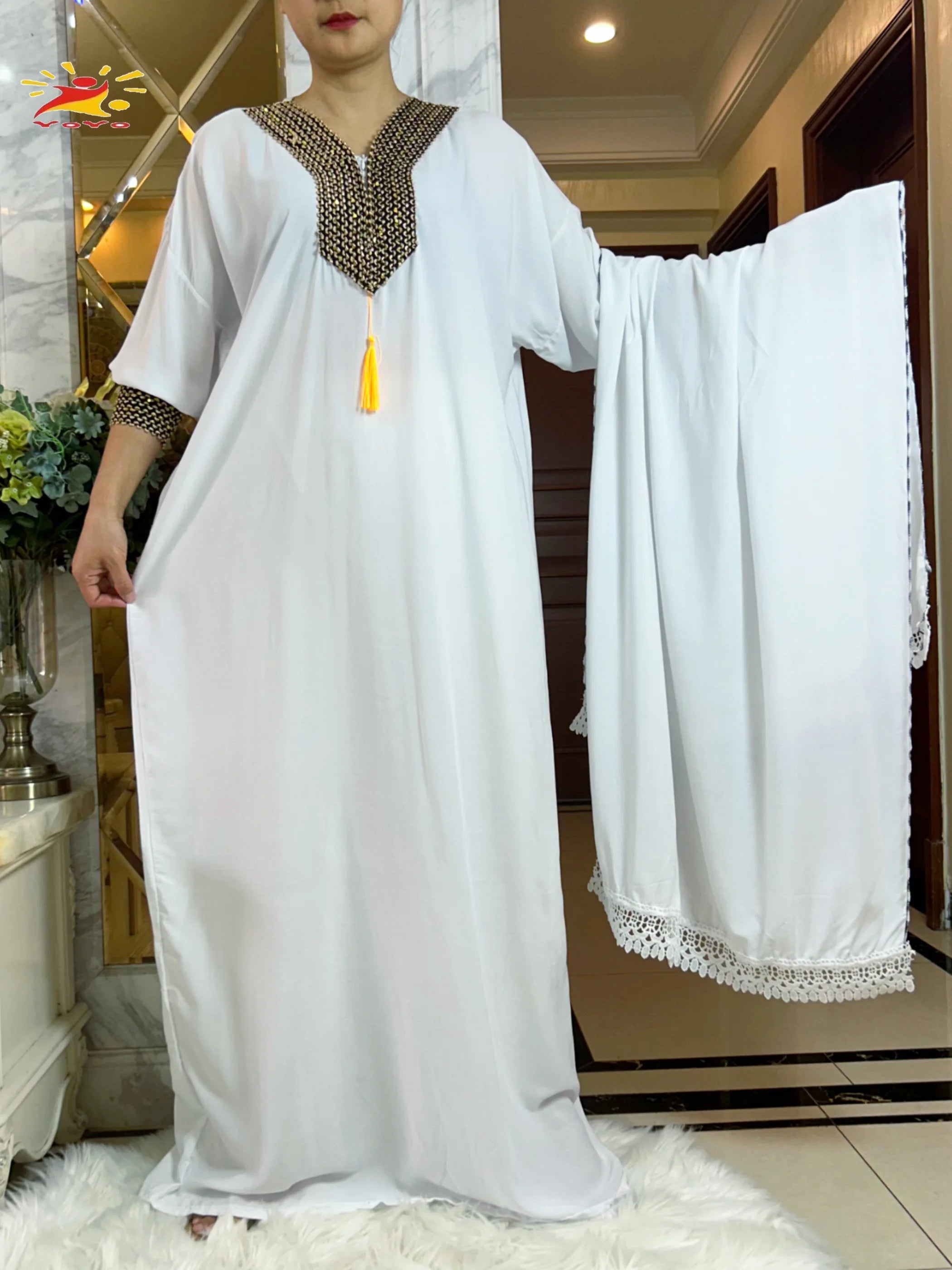 2025New Muslim Women Long Sleeve Autumn  Dress Cotton With Big Scarf Boubou Maxi Islam Women Dress African Abaya