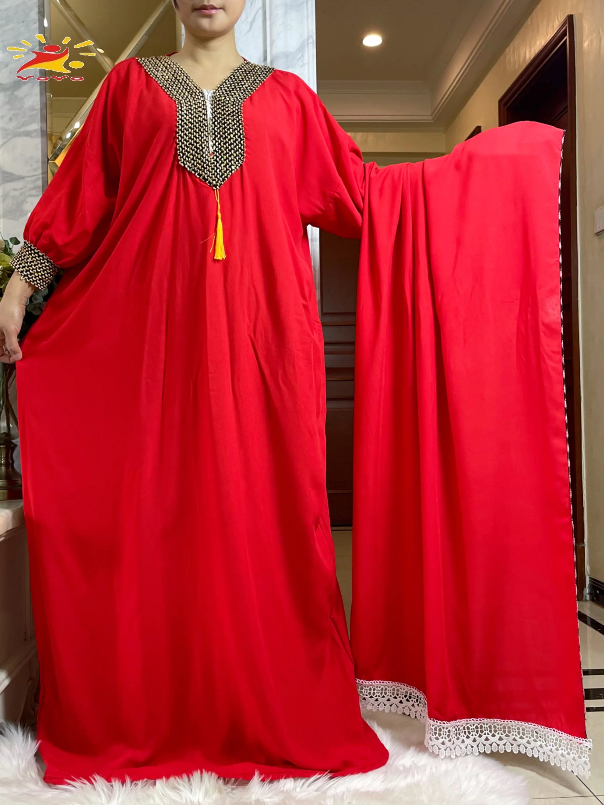 2025New Muslim Women Long Sleeve Autumn  Dress Cotton With Big Scarf Boubou Maxi Islam Women Dress African Abaya