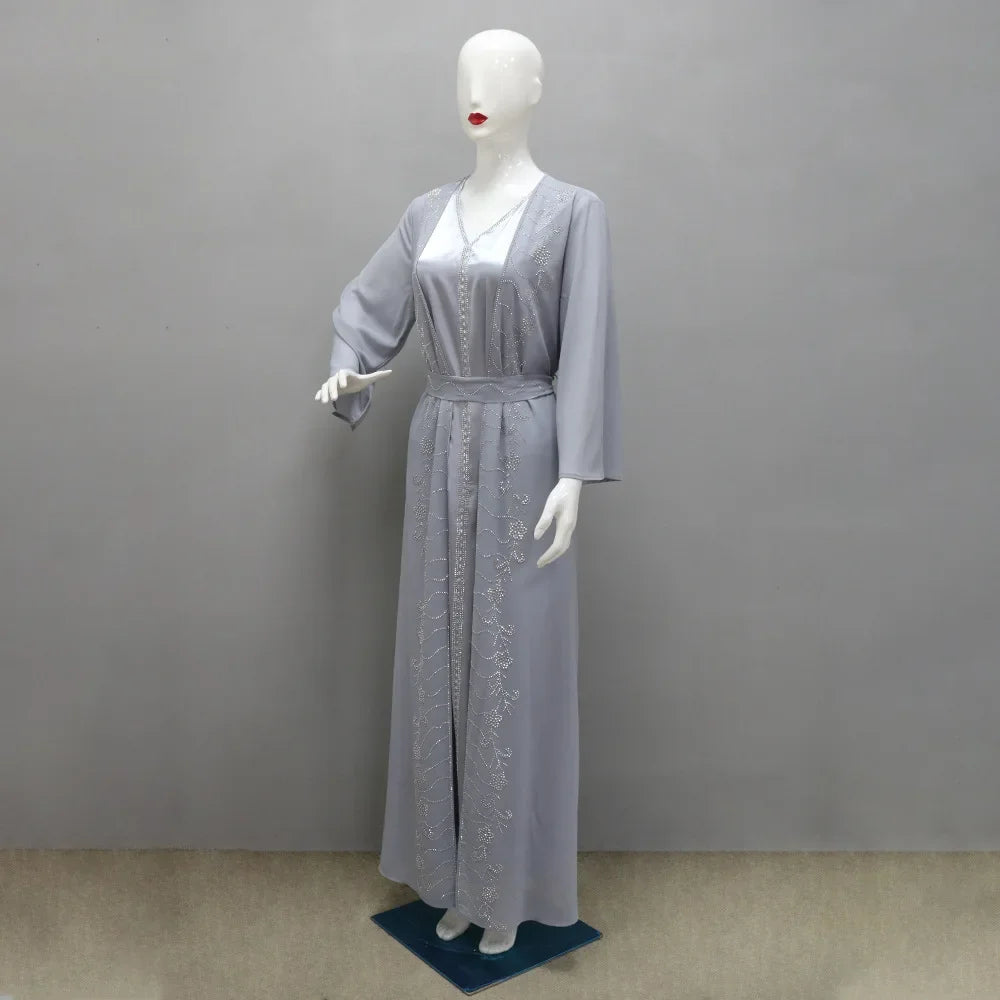 Autumn Fashion Muslim Dresses for Women Muslim Long Sleeve V-neck Party Evening Long Abay Dress Suit Inner and Abaya Outfits