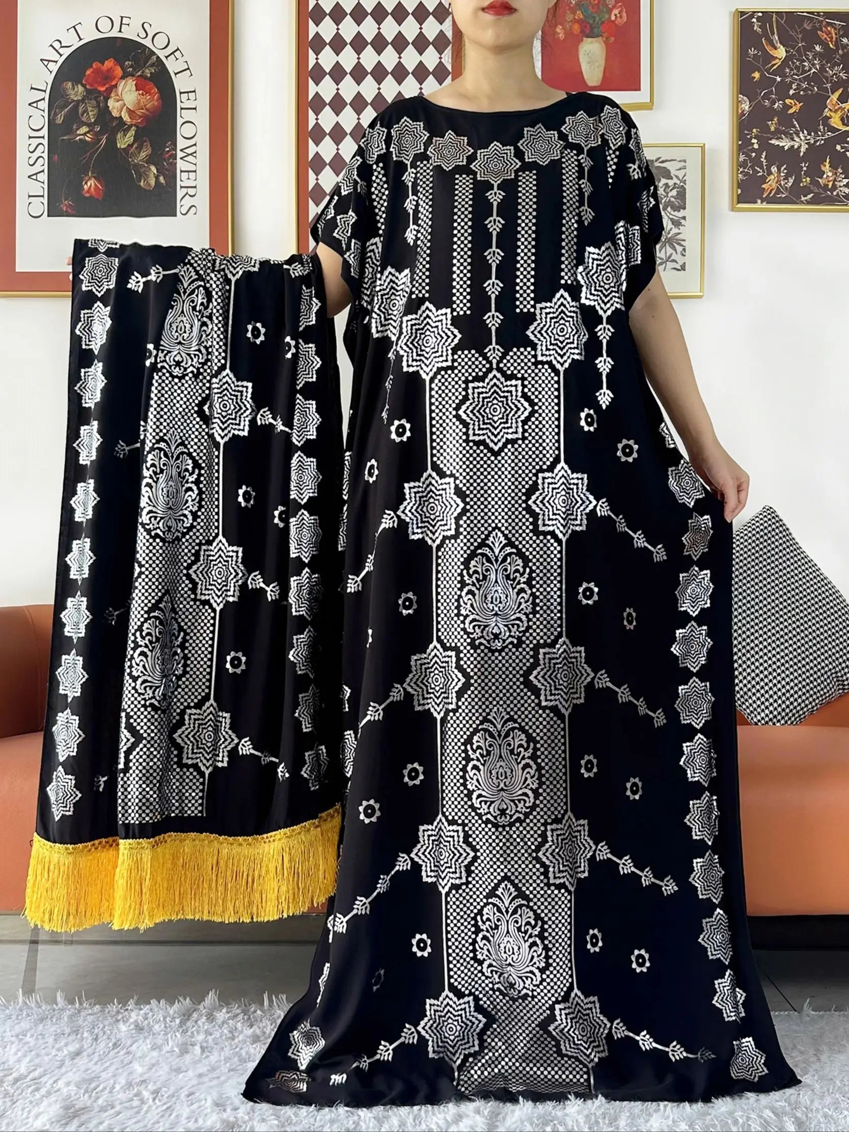 2024 Party Abaya Dress With Big Scarf Dubai Turkey Kaftan Muslim Loose  Abaya Women African Casual Maxi  Gold Stamping  Robe