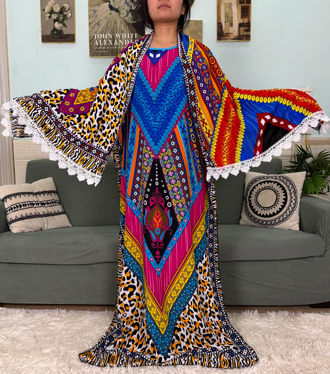 Abayas For Women 2025 Printed Cotton Soft Loose Fit Femme Robe African Islam Nigeria Dresses With 160x80 Tassels Shawl Sacrf