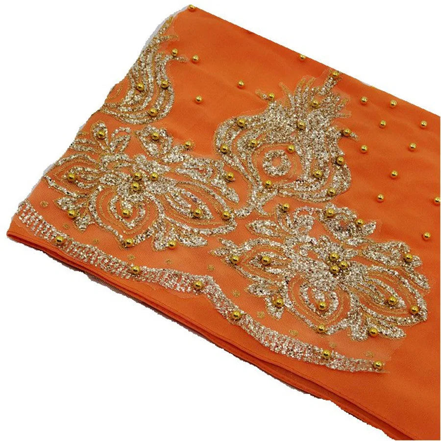 Muslim Chiffon Hijabs Scarf Turban Gold Glitters Beads Hijab for Woman Ramadan Foulard Musulmane Pour Femme Long Headscarf