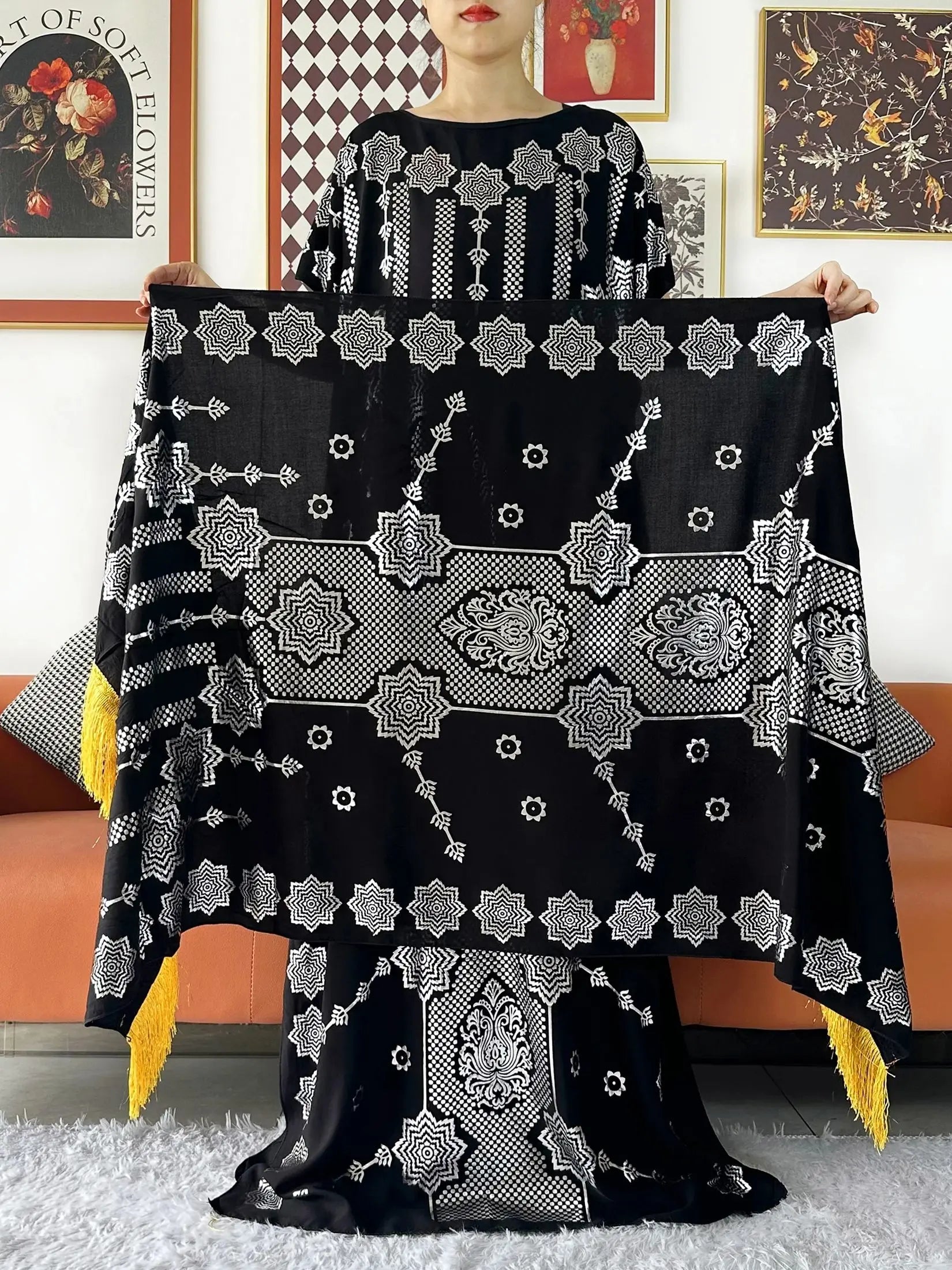 2024 Party Abaya Dress With Big Scarf Dubai Turkey Kaftan Muslim Loose  Abaya Women African Casual Maxi  Gold Stamping  Robe