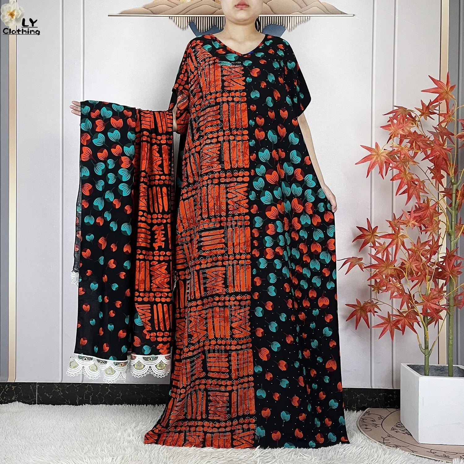 Summer Dubai Fashion Lady Clothing Soft Cotton Tie-dyed Loose Maxi Islam Women Short Sleeve African Abaya Dress With Big Scarf