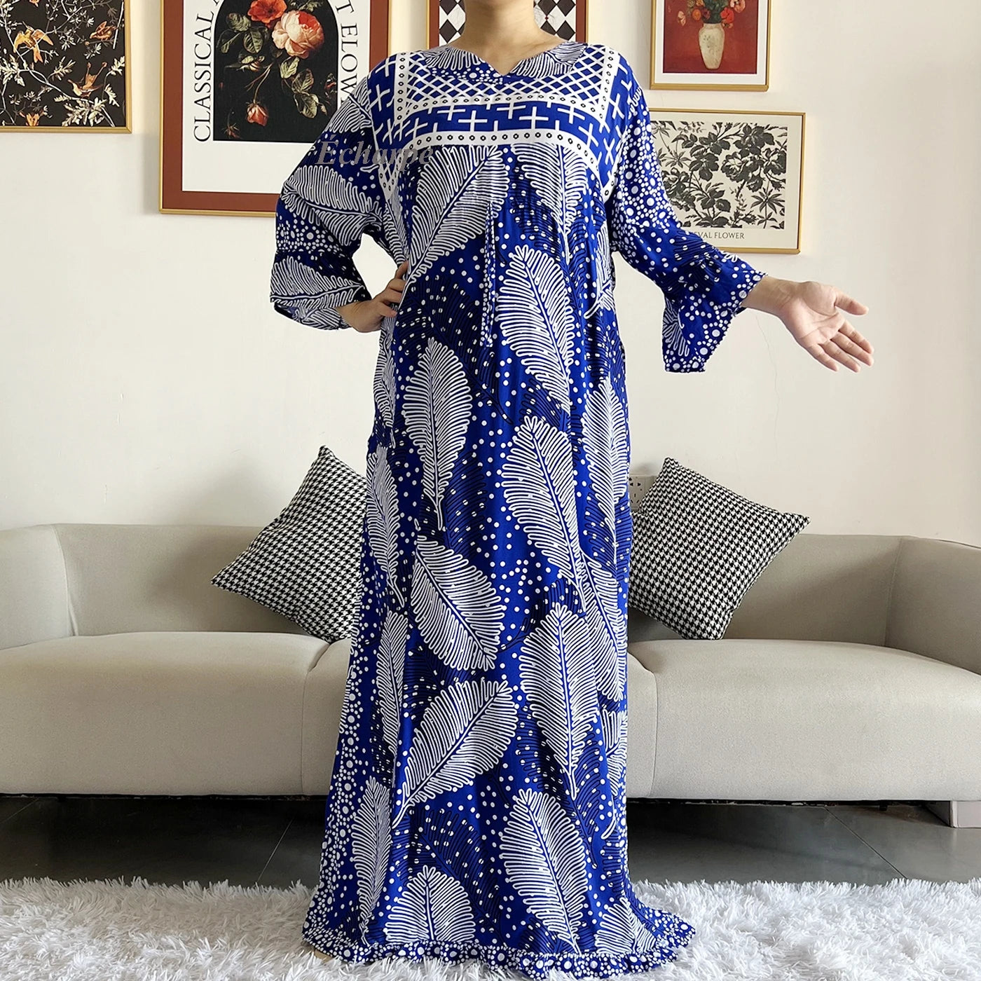 New Style African Dashiki Print Long Sleeve Loose Cotton Elegant Women  Abaya Long Dress Summer Maxi Casual Dresses Vestidos