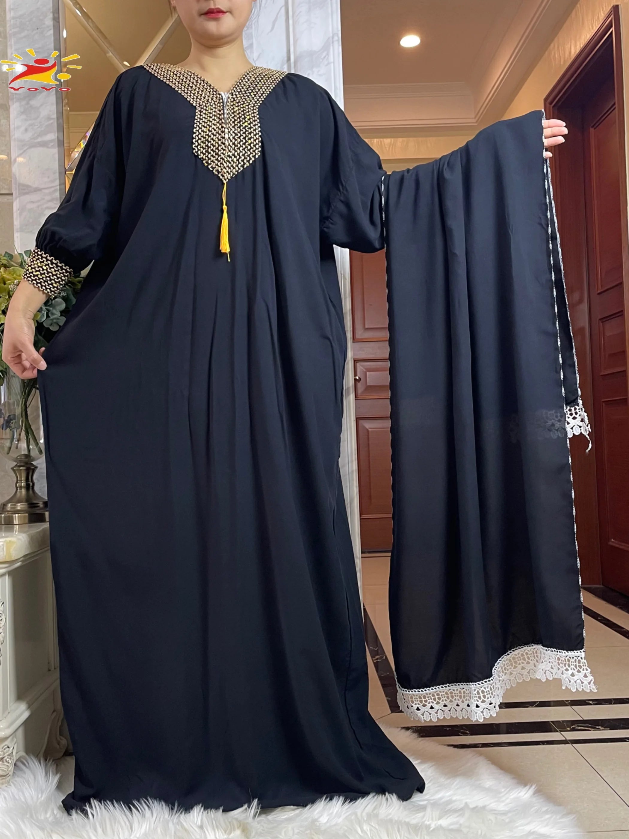 2025New Muslim Women Long Sleeve Autumn  Dress Cotton With Big Scarf Boubou Maxi Islam Women Dress African Abaya