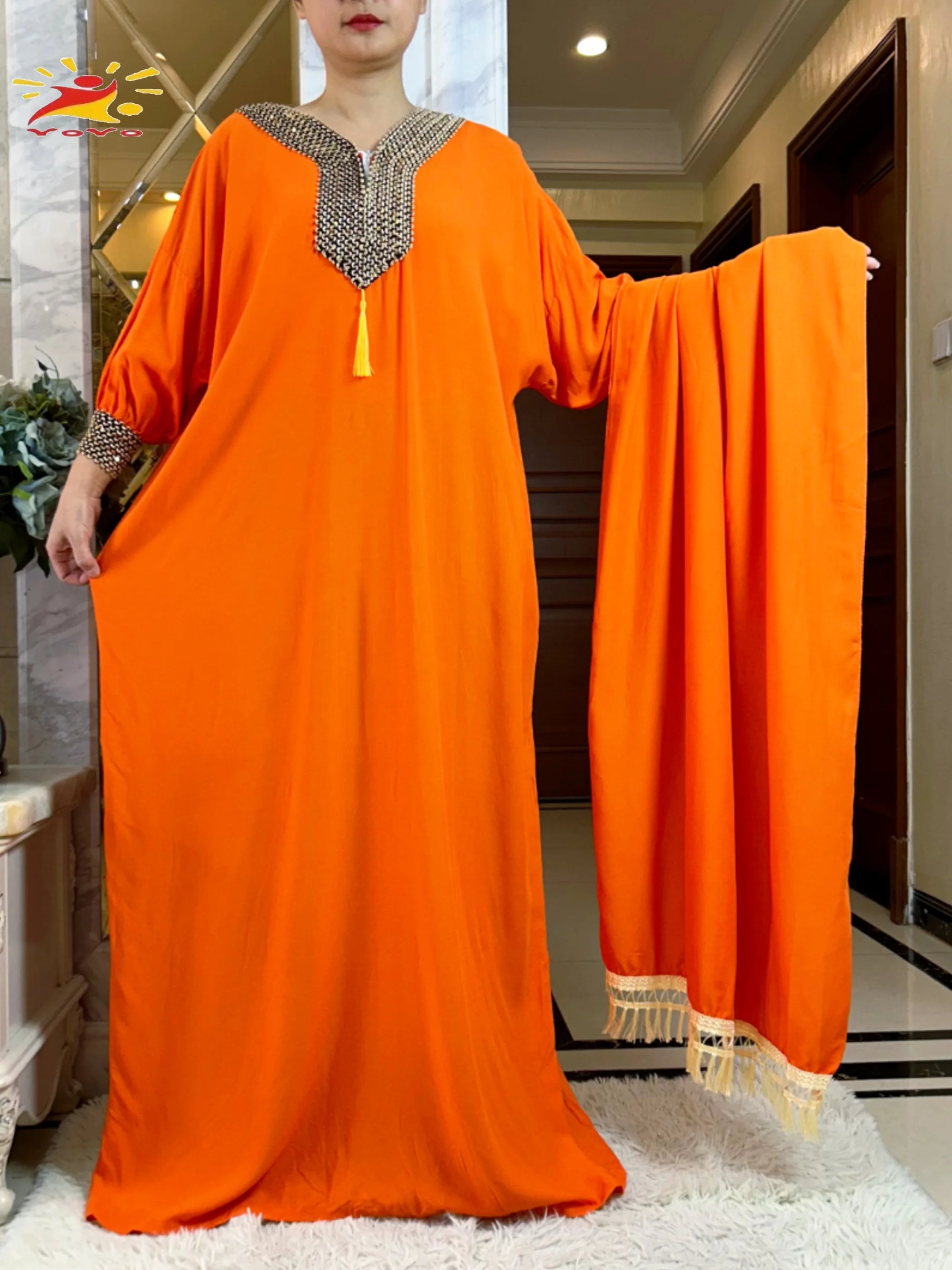 2025New Muslim Women Long Sleeve Autumn  Dress Cotton With Big Scarf Boubou Maxi Islam Women Dress African Abaya