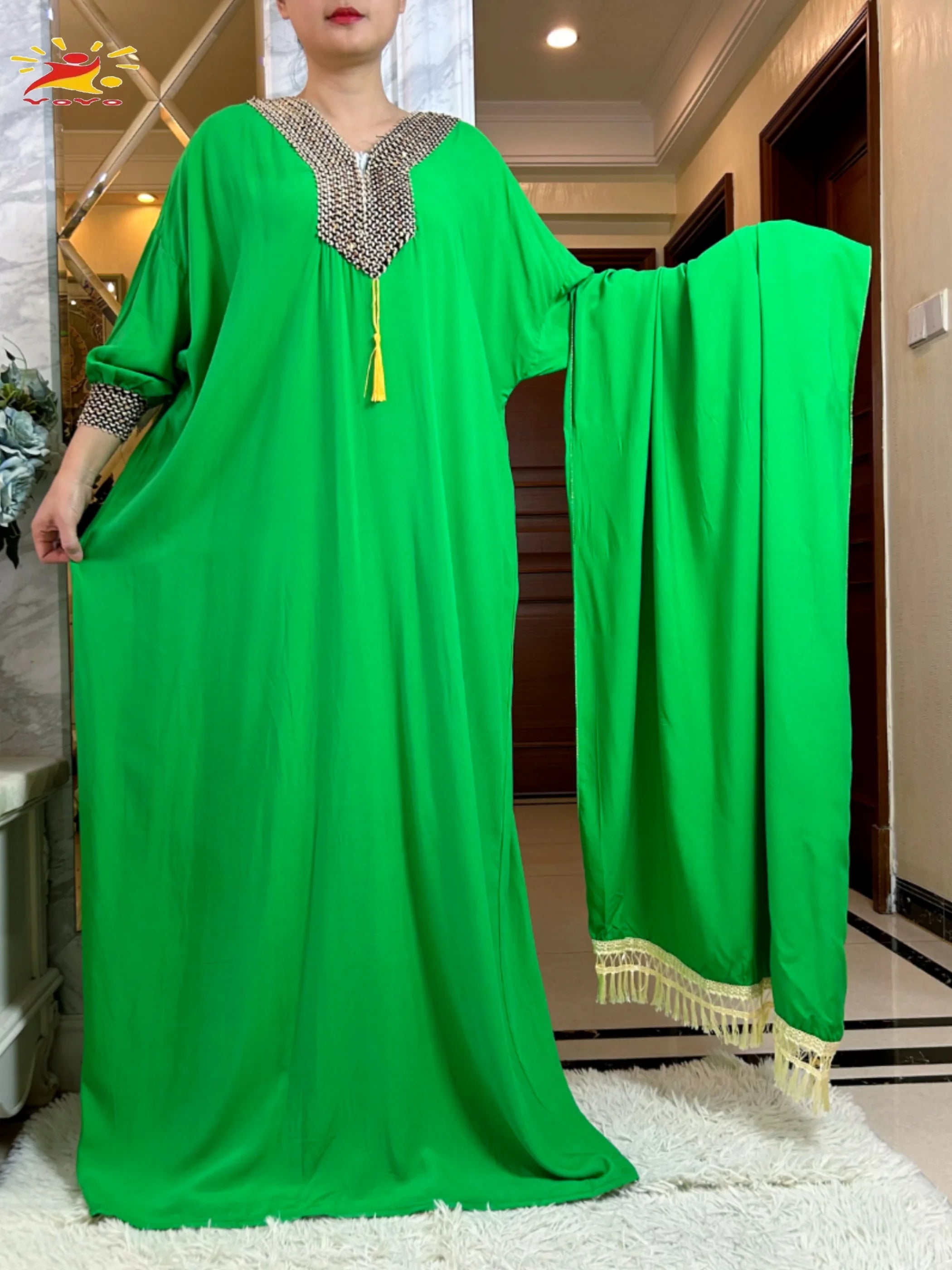 2025New Muslim Women Long Sleeve Autumn  Dress Cotton With Big Scarf Boubou Maxi Islam Women Dress African Abaya
