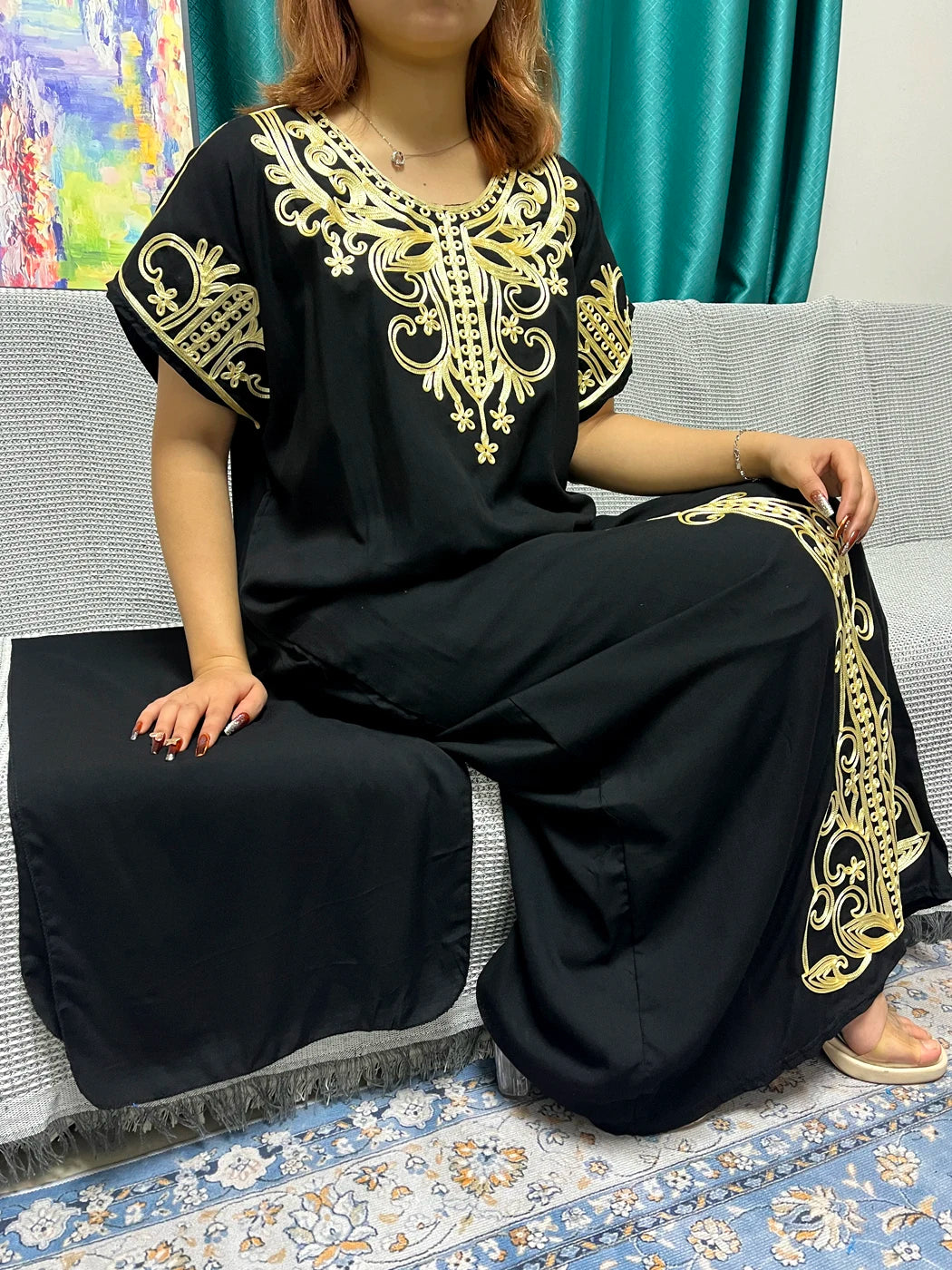 Abayas For Women Black Appliques Cotton Loose Fit Femme Robe Muslim Kaftan African Islam Nigeria Traditional Dresses With Turban