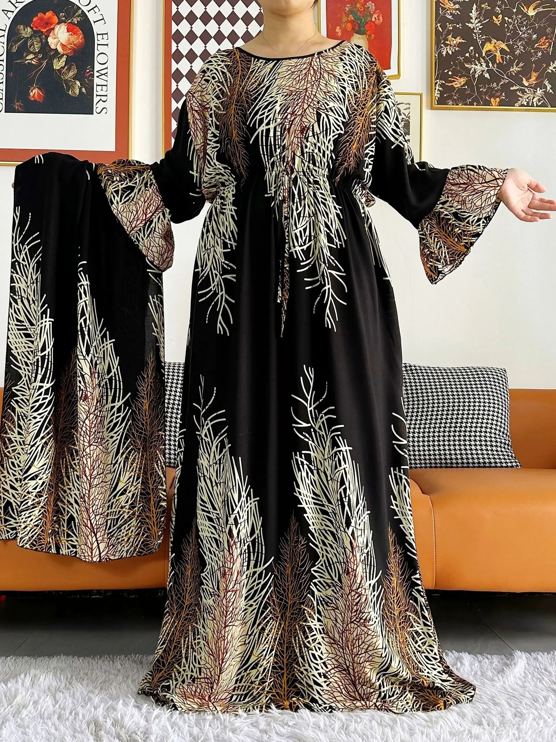 New Style African Dashiki Print Long Sleeve Loose Cotton Elegant Women  Abaya Long Dress Summer Maxi Casual Dresses Vestidos