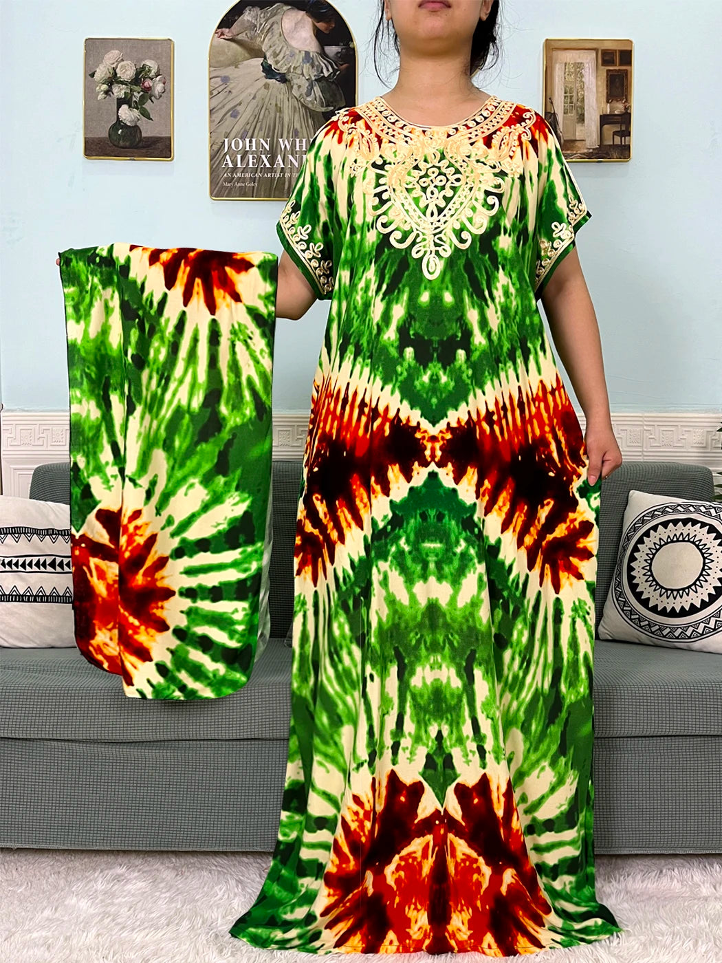 2024 Muslim Cotton Abayas For Women Appliques Printed Caftan Marocaine Femme Robe Boubou African Islam Dresses With Headscarf