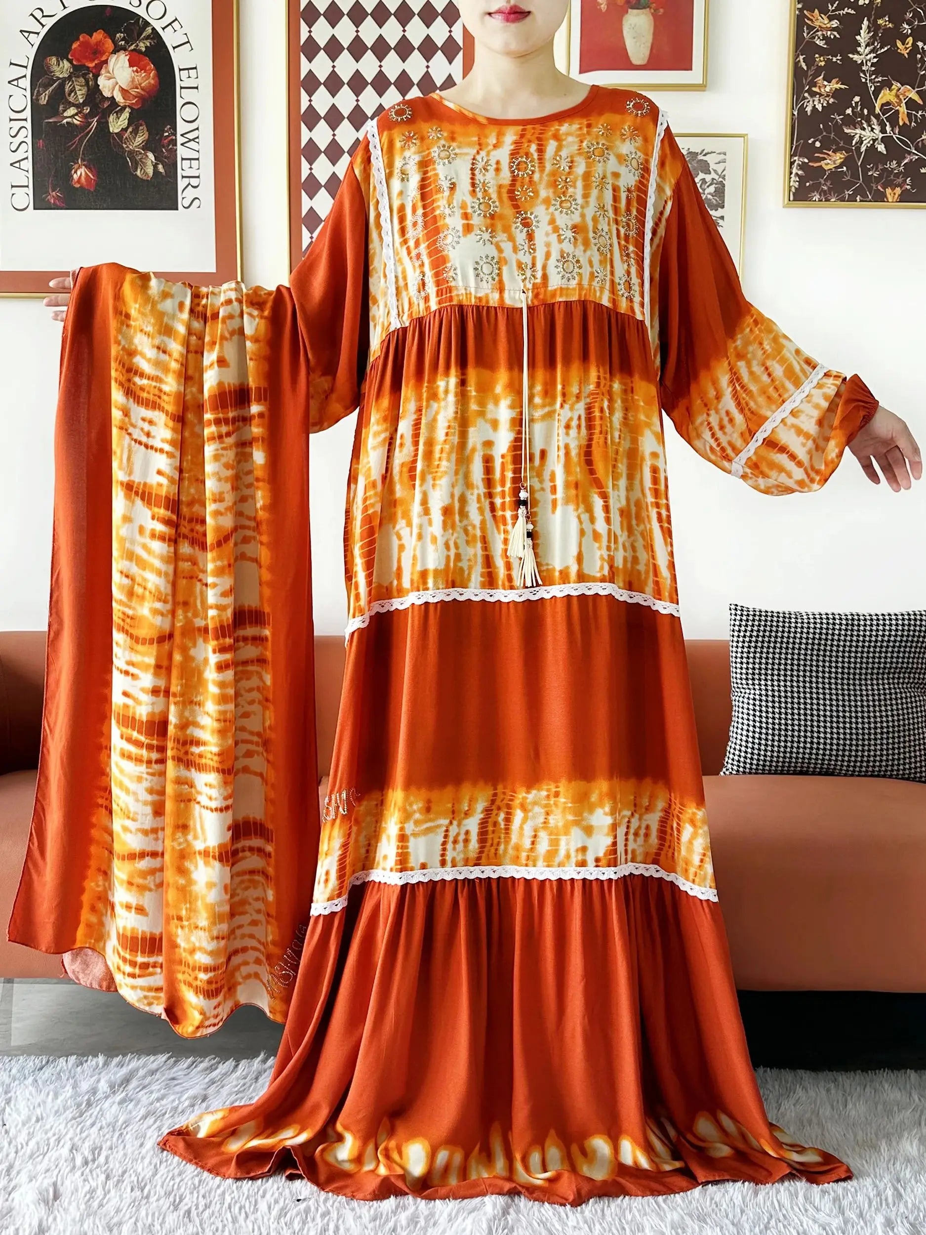 High Grade Design Dubai Women Abaya Long Sleeve Autumn  Dress Cotton With Big Scarf Boubou Maxi Islam Women Dress African Abaya