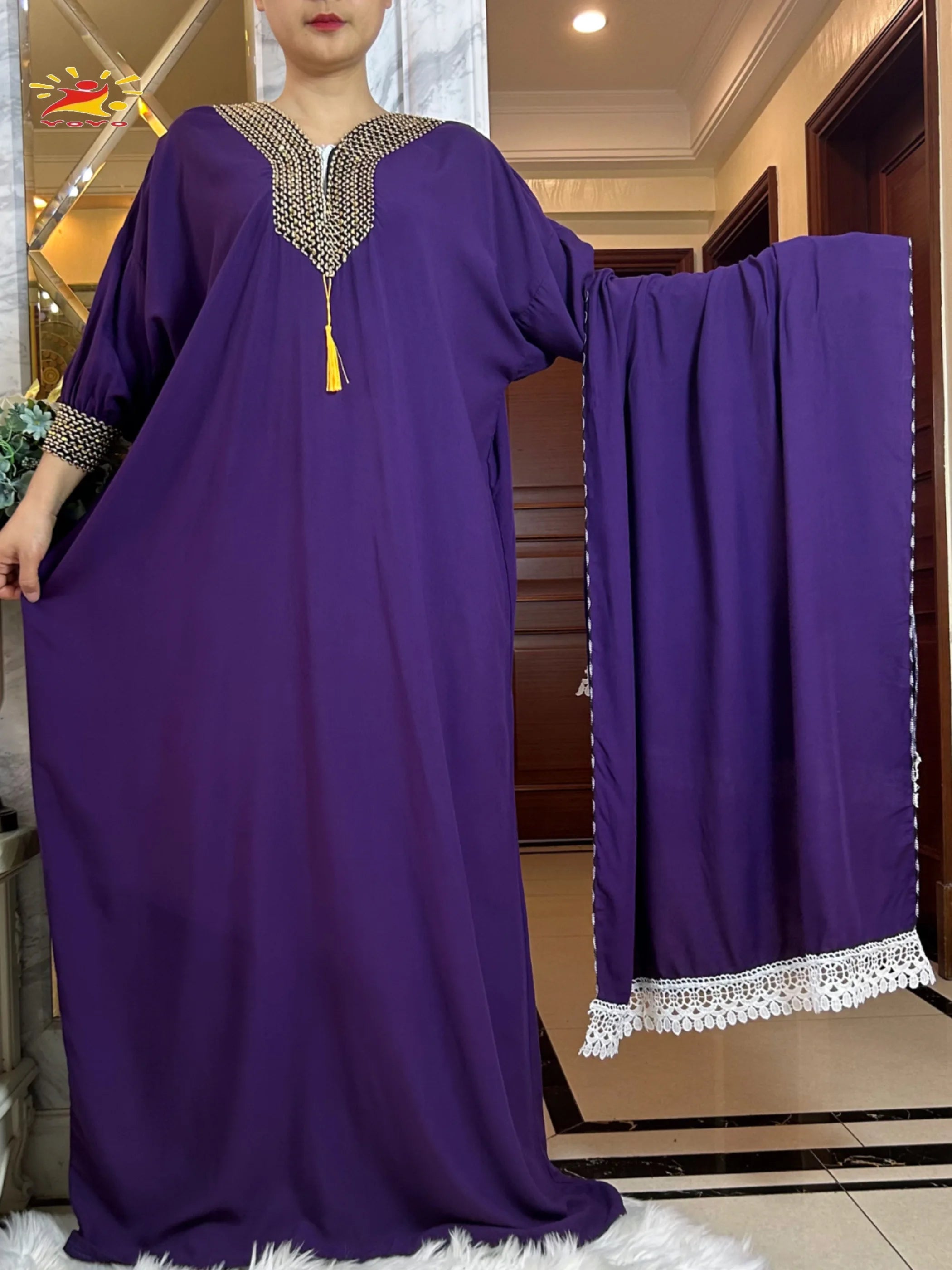 2025New Muslim Women Long Sleeve Autumn  Dress Cotton With Big Scarf Boubou Maxi Islam Women Dress African Abaya