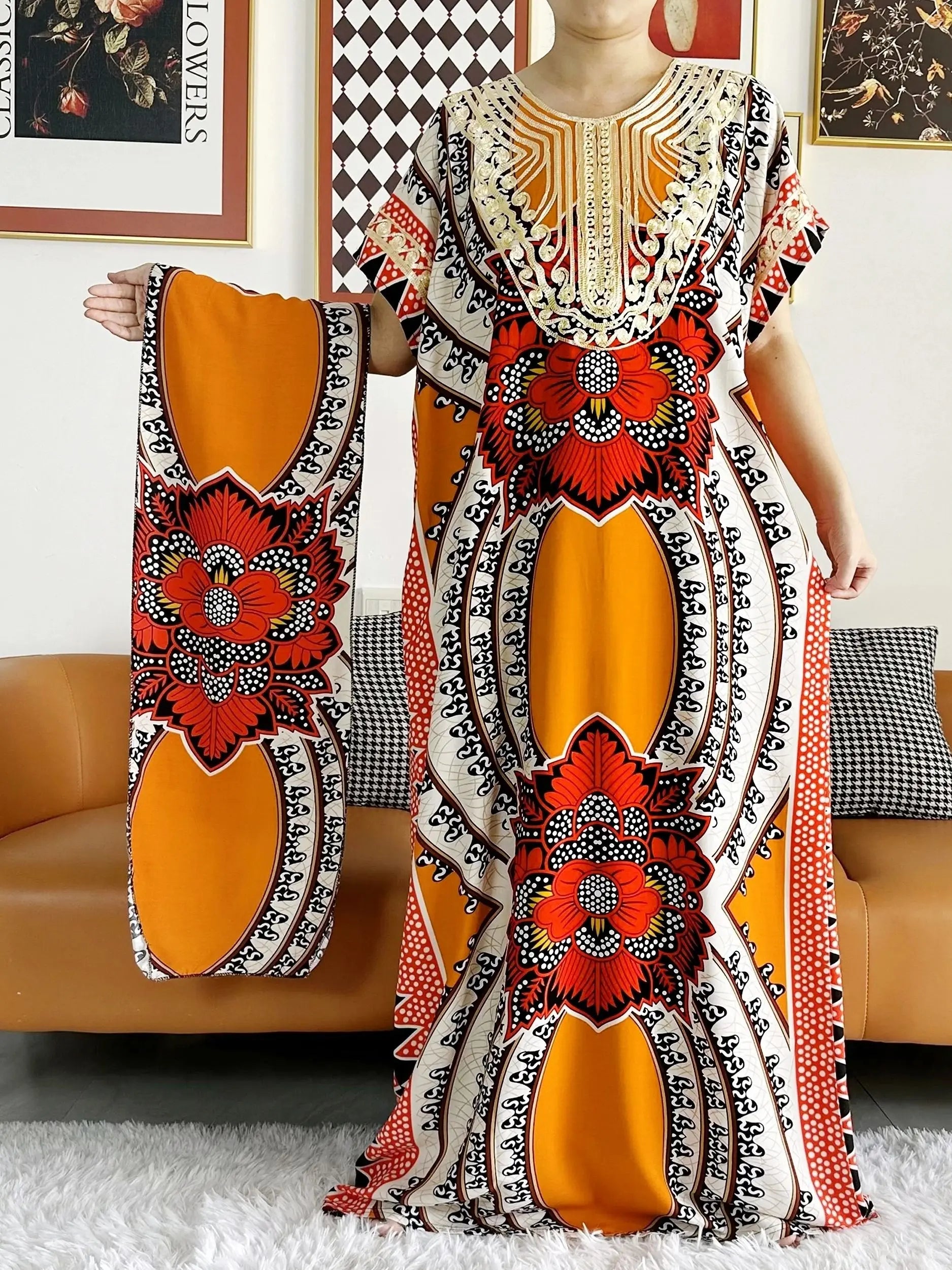 High Grade Design Dubai Women Abaya Long Sleeve Autumn  Dress Cotton With Big Scarf Boubou Maxi Islam Women Dress African Abaya