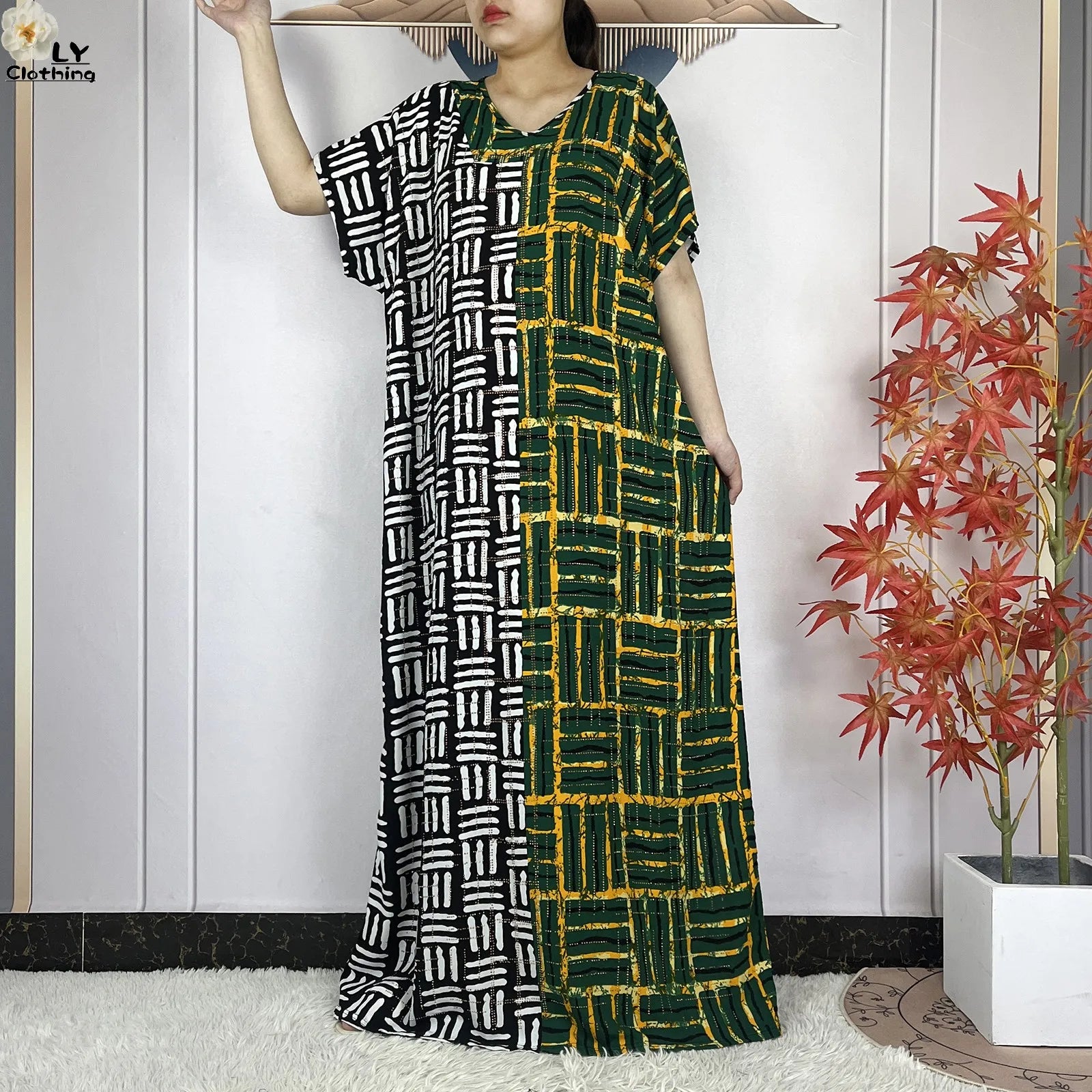 Summer Dubai Fashion Lady Clothing Soft Cotton Tie-dyed Loose Maxi Islam Women Short Sleeve African Abaya Dress With Big Scarf