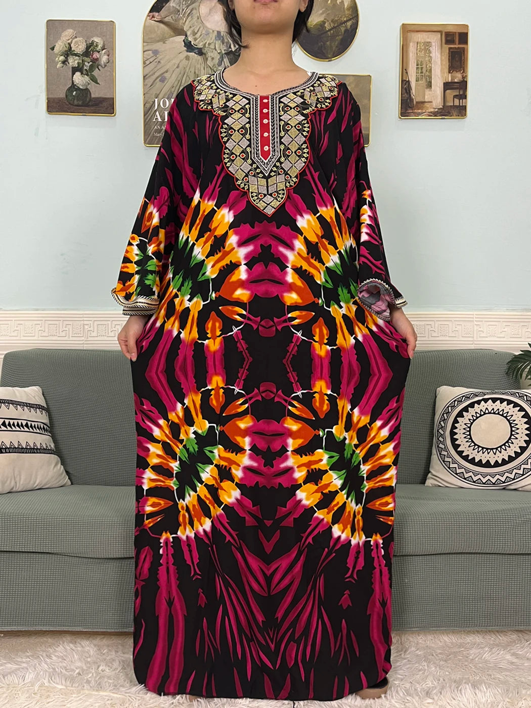 Mslim Abayas For Women Cotton Embroidery Printed Long Sleeves Loose Femme Robe African Boubou Dresses With 150x165cm Shawl Scarf