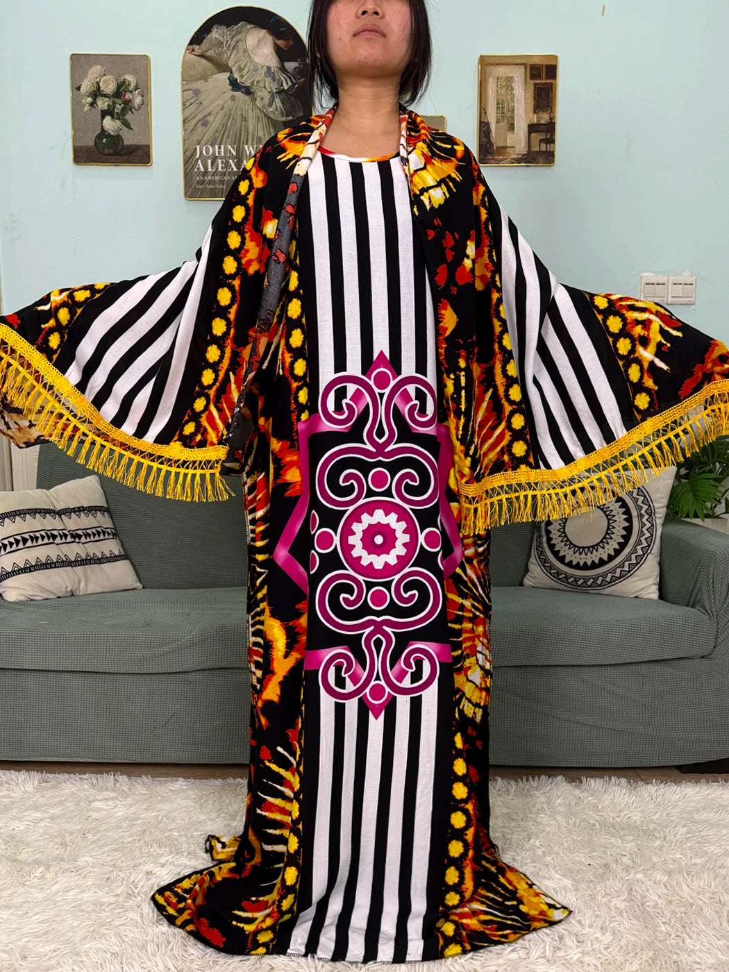 Abayas For Women 2025 Printed Cotton Soft Loose Fit Femme Robe African Islam Nigeria Dresses With 160x80 Tassels Shawl Sacrf