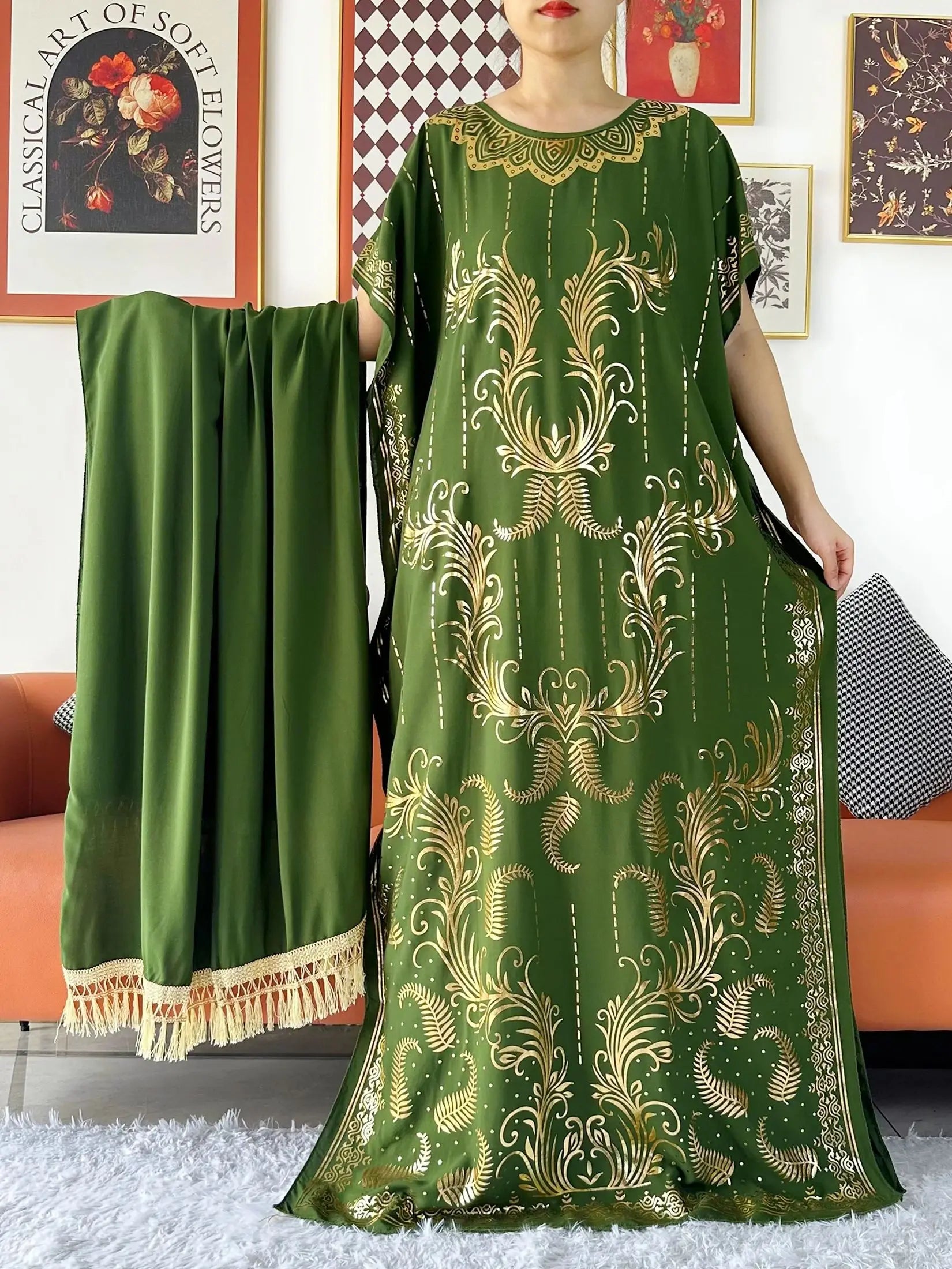2024 Party Abaya Dress With Big Scarf Dubai Turkey Kaftan Muslim Loose  Abaya Women African Casual Maxi  Gold Stamping  Robe