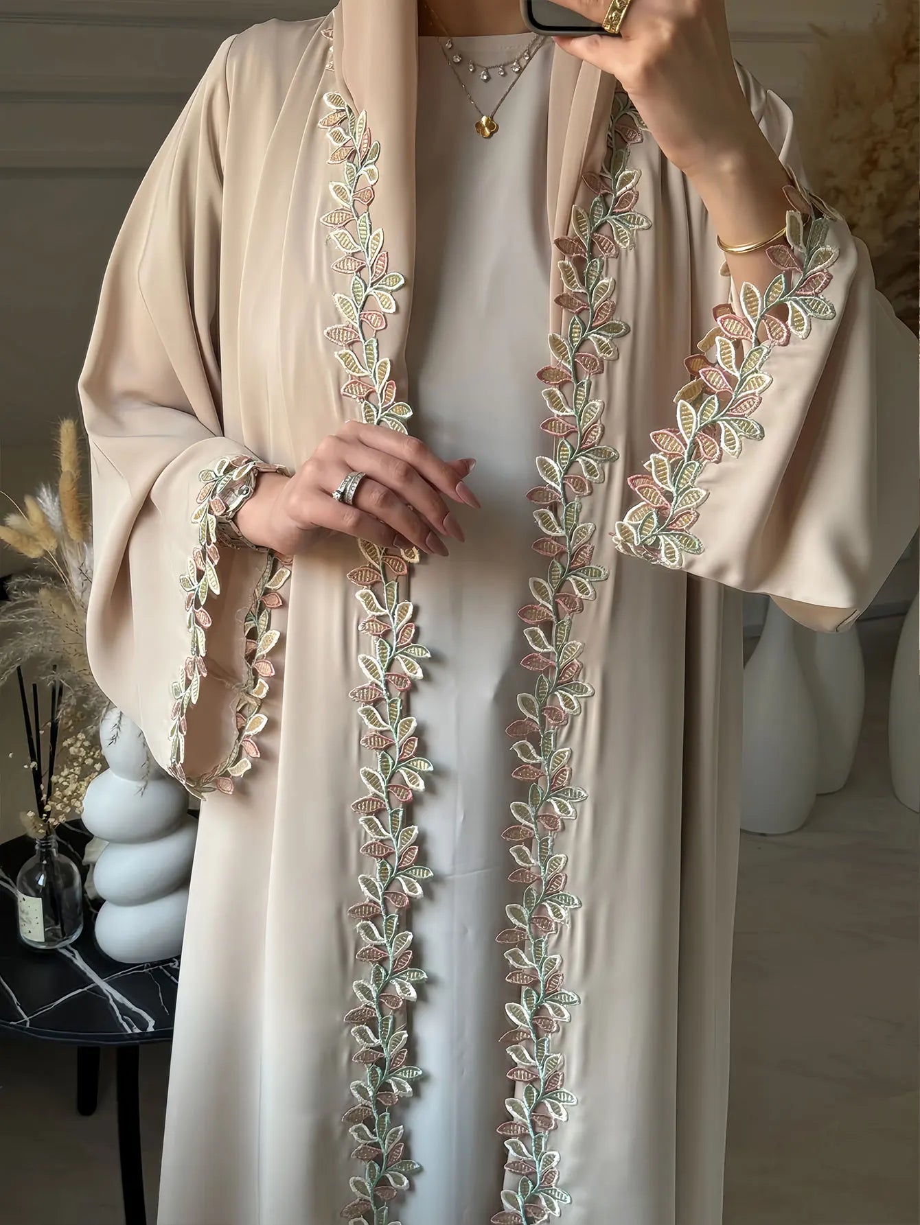 Dubai Elegant Beige Abaya for Muslim Women - Intricately Crafted with Multicolored Embroidery Piece in Islamic Modest Fashion