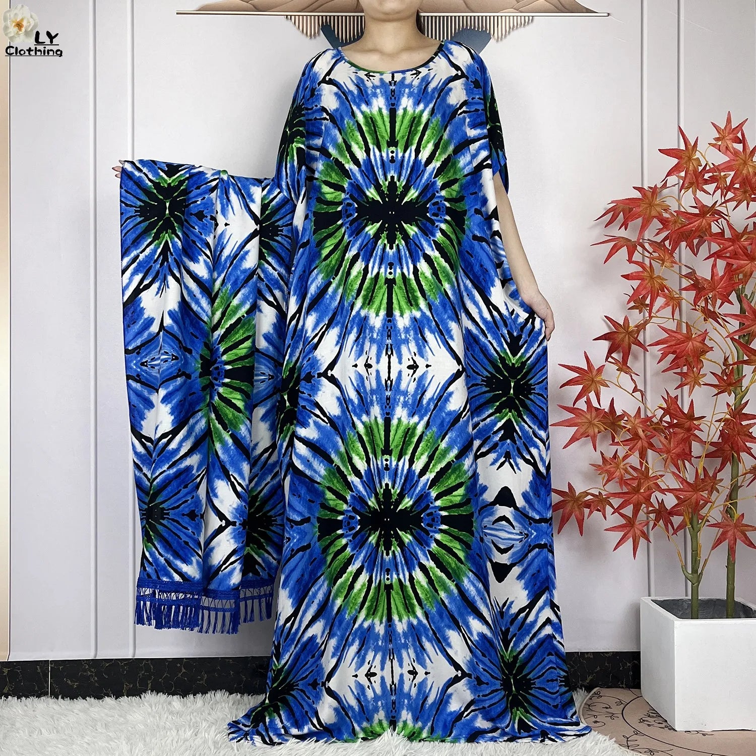 Summer Dubai Fashion Lady Clothing Soft Cotton Tie-dyed Loose Maxi Islam Women Short Sleeve African Abaya Dress With Big Scarf