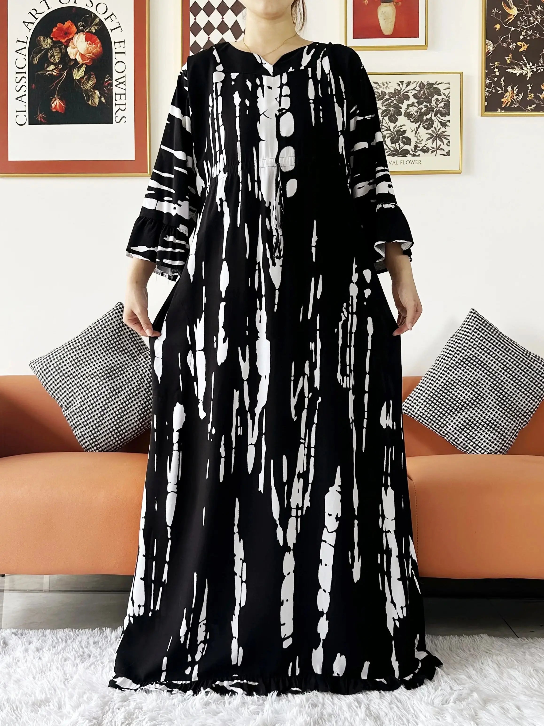 New Style African Dashiki Print Long Sleeve Loose Cotton Elegant Women  Abaya Long Dress Summer Maxi Casual Dresses Vestidos