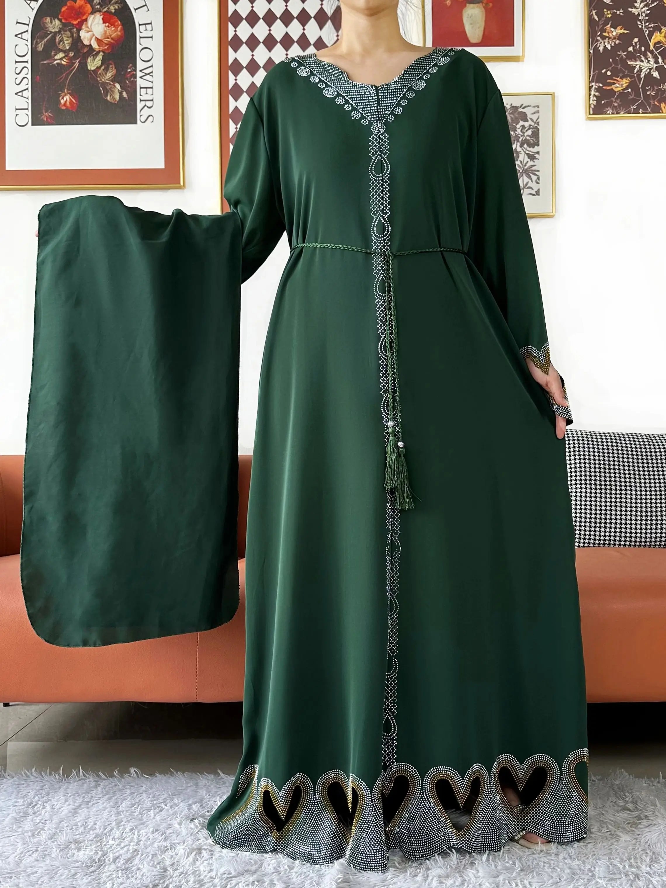 New Muslim Women Loose Abaya Chiffon Diamond Long Sleeve Casual Clothing African Abaya Women Robe Dubai Turkey Islamic Robe