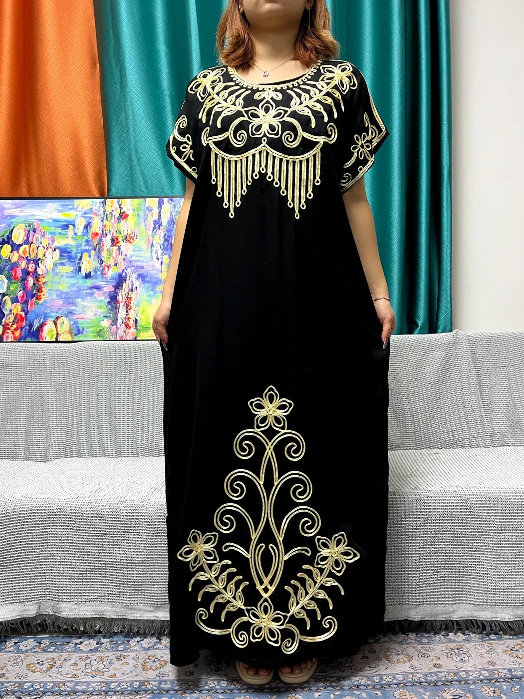 Abayas For Women Black Appliques Cotton Loose Fit Femme Robe Muslim Kaftan African Islam Nigeria Traditional Dresses With Turban