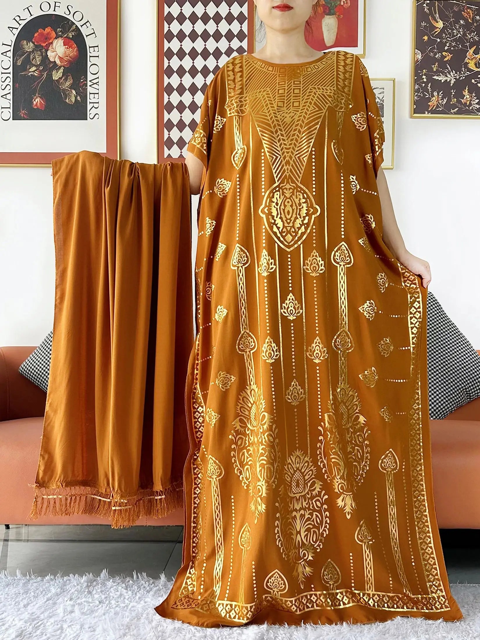 2024 Party Abaya Dress With Big Scarf Dubai Turkey Kaftan Muslim Loose  Abaya Women African Casual Maxi  Gold Stamping  Robe