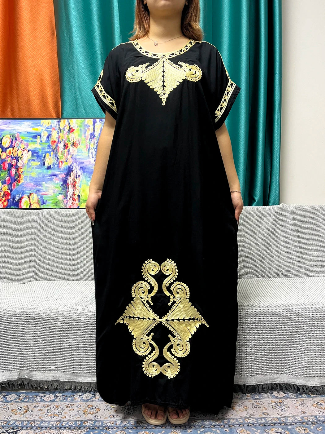 Abayas For Women Black Appliques Cotton Loose Fit Femme Robe Muslim Kaftan African Islam Nigeria Traditional Dresses With Turban